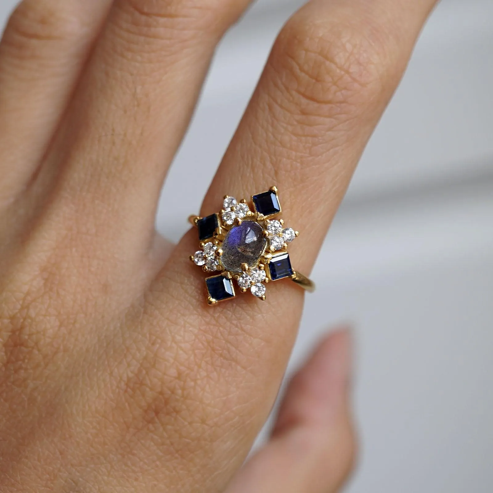 14K Sapphire Labradorite Illuminati Diamond Ring