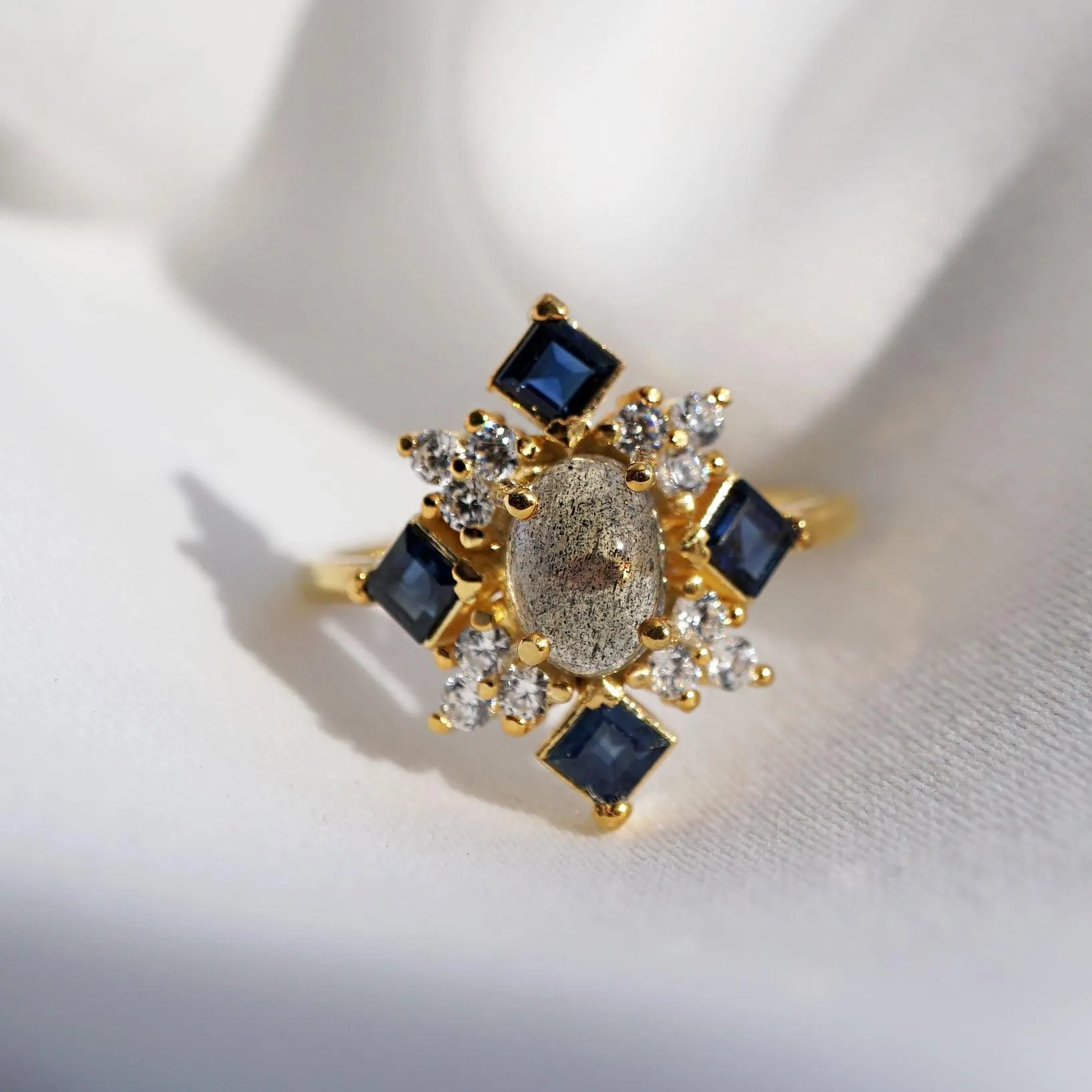 14K Sapphire Labradorite Illuminati Diamond Ring