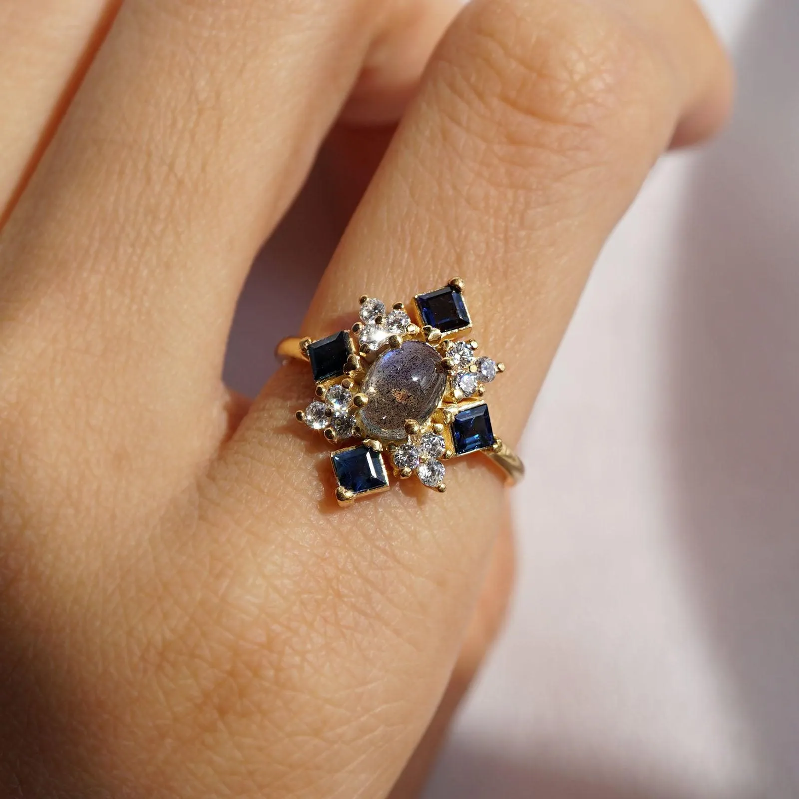 14K Sapphire Labradorite Illuminati Diamond Ring