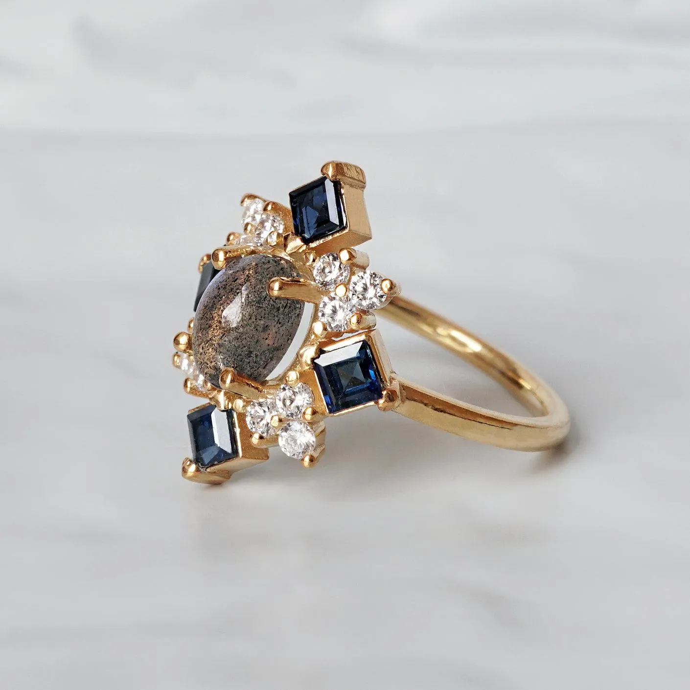 14K Sapphire Labradorite Illuminati Diamond Ring