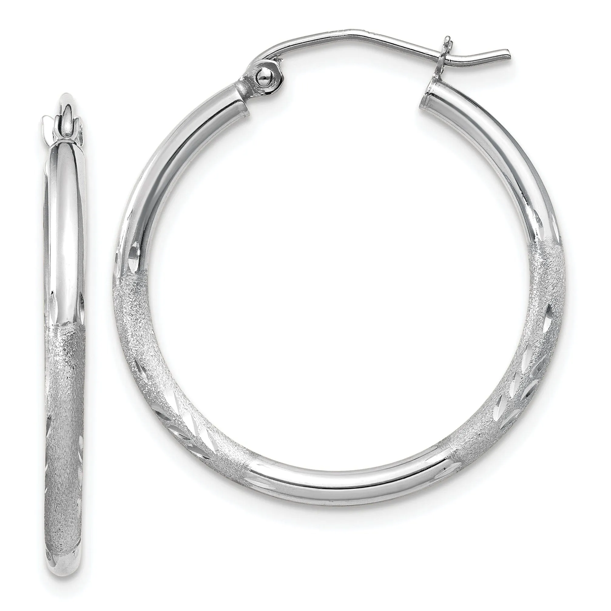 14k White Gold Satin Diamond Cut 2MM Round Hoop