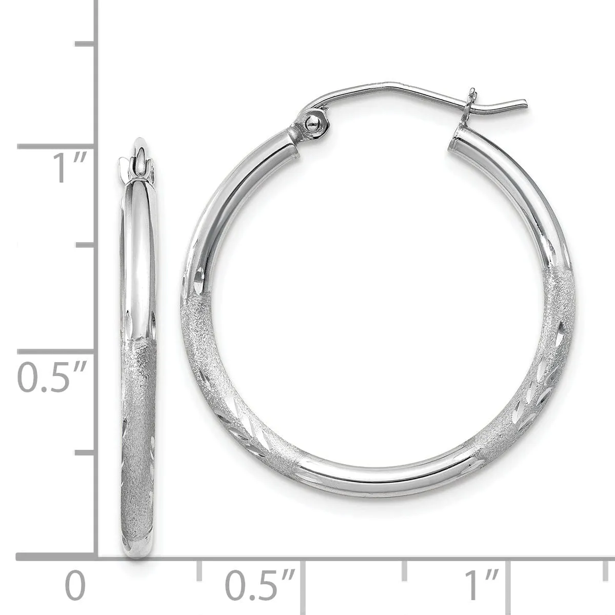 14k White Gold Satin Diamond Cut 2MM Round Hoop