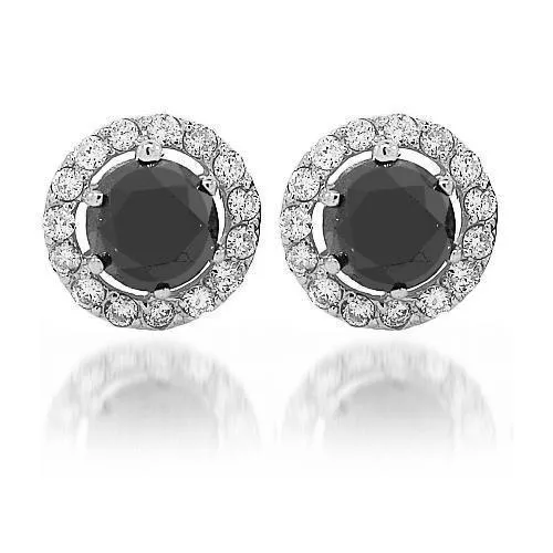 14K White Solid Gold Black Diamond Stud Earrings 6.50 Ctw