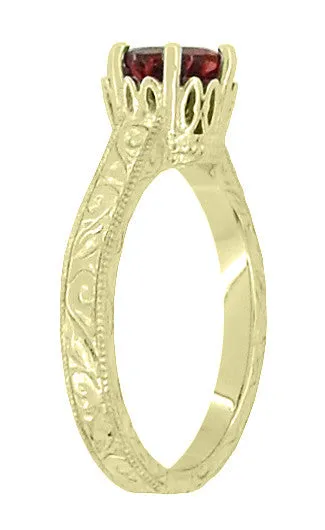 18 Karat Yellow Gold Art Deco Crown Filigree Scrolls 1.5 Carat Almandine Garnet Solitaire Engagement Ring
