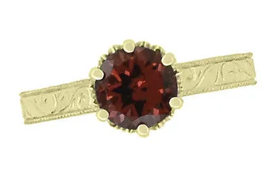18 Karat Yellow Gold Art Deco Crown Filigree Scrolls 1.5 Carat Almandine Garnet Solitaire Engagement Ring