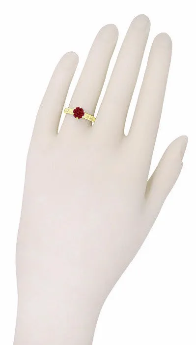 18 Karat Yellow Gold Art Deco Crown Filigree Scrolls 1.5 Carat Almandine Garnet Solitaire Engagement Ring