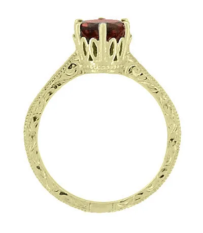 18 Karat Yellow Gold Art Deco Crown Filigree Scrolls 1.5 Carat Almandine Garnet Solitaire Engagement Ring