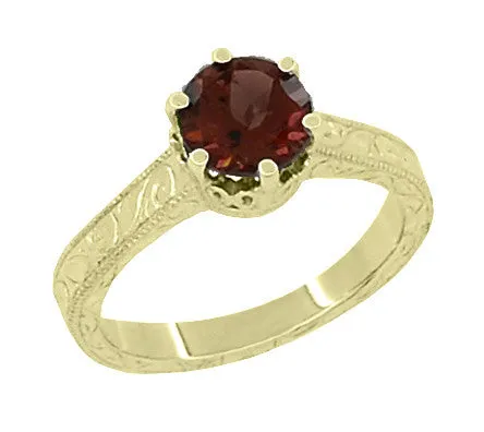 18 Karat Yellow Gold Art Deco Crown Filigree Scrolls 1.5 Carat Almandine Garnet Solitaire Engagement Ring