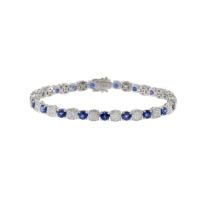 18KT White Gold Round Cut Sapphire And Cluster Diamond Bracelet