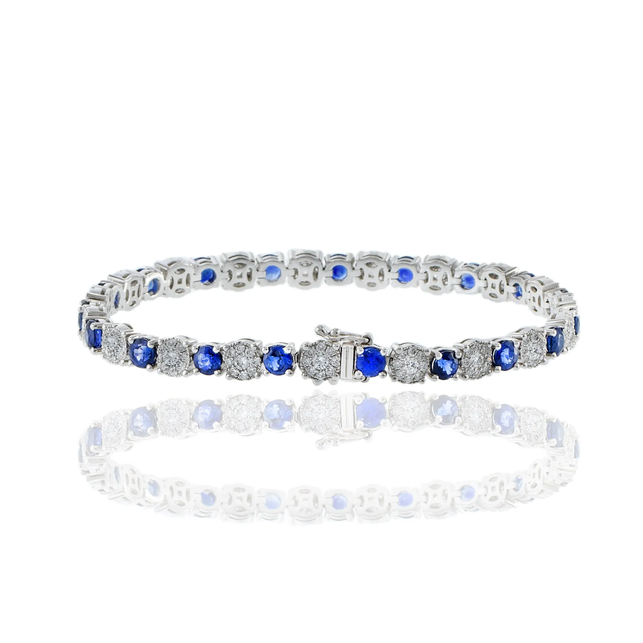 18KT White Gold Round Cut Sapphire And Cluster Diamond Bracelet