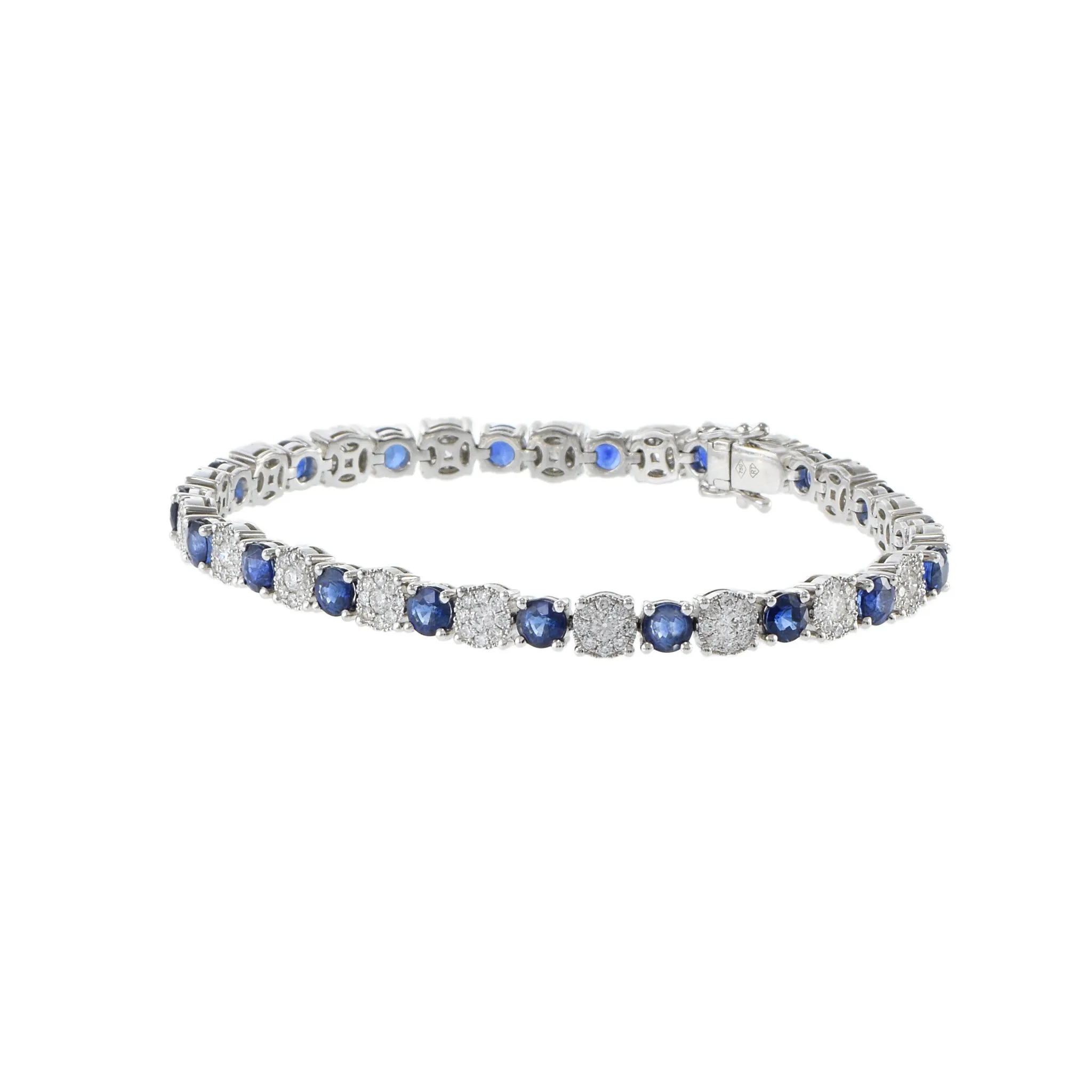 18KT White Gold Round Cut Sapphire And Cluster Diamond Bracelet