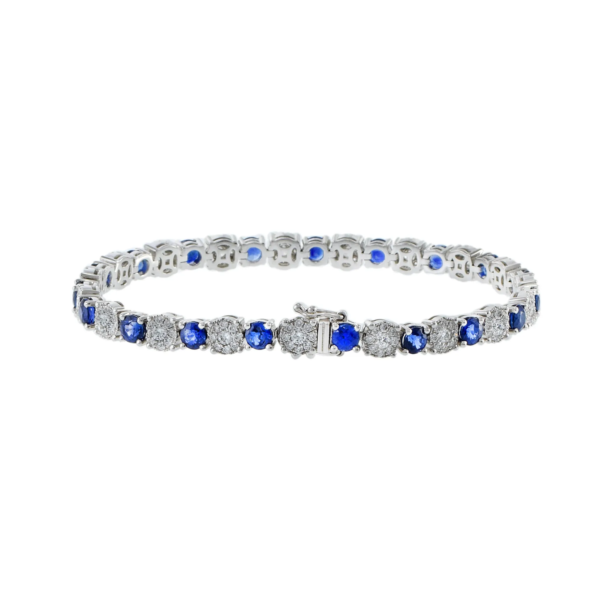 18KT White Gold Round Cut Sapphire And Cluster Diamond Bracelet
