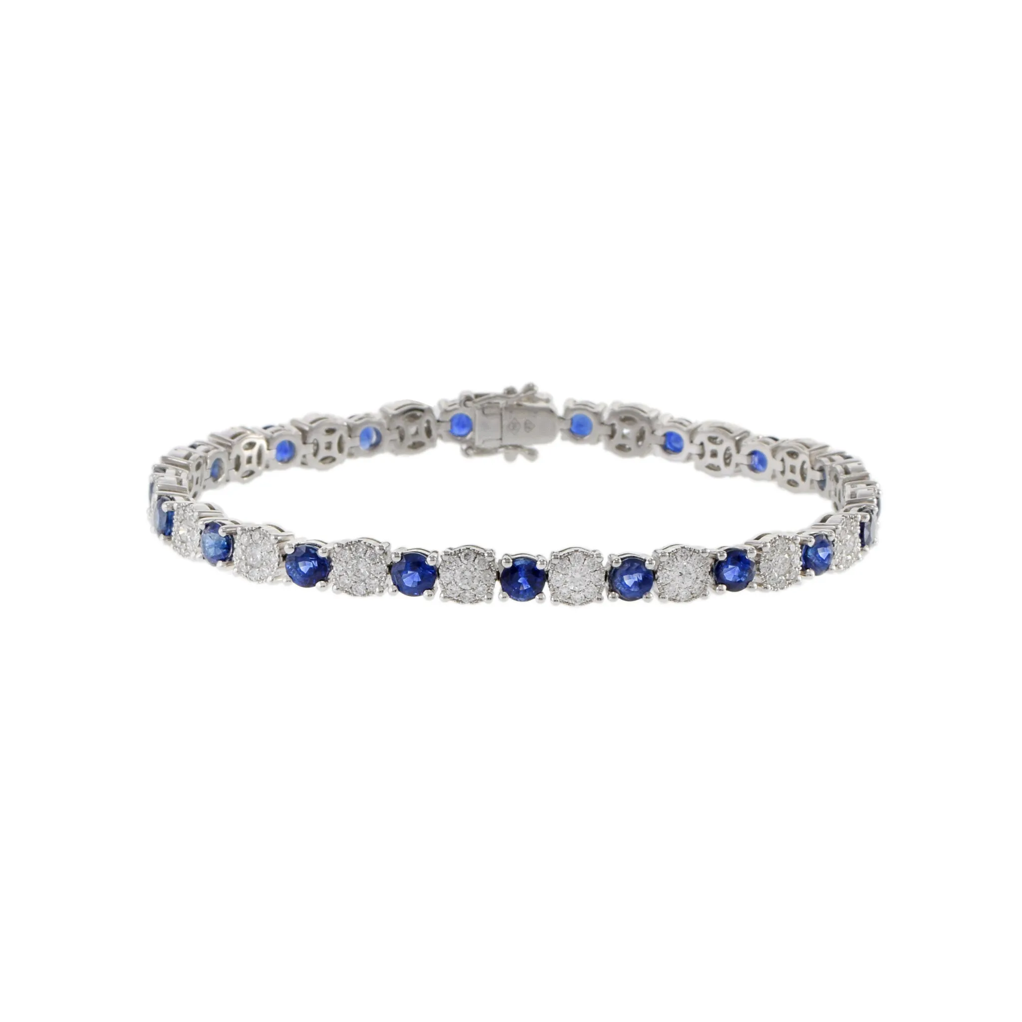18KT White Gold Round Cut Sapphire And Cluster Diamond Bracelet