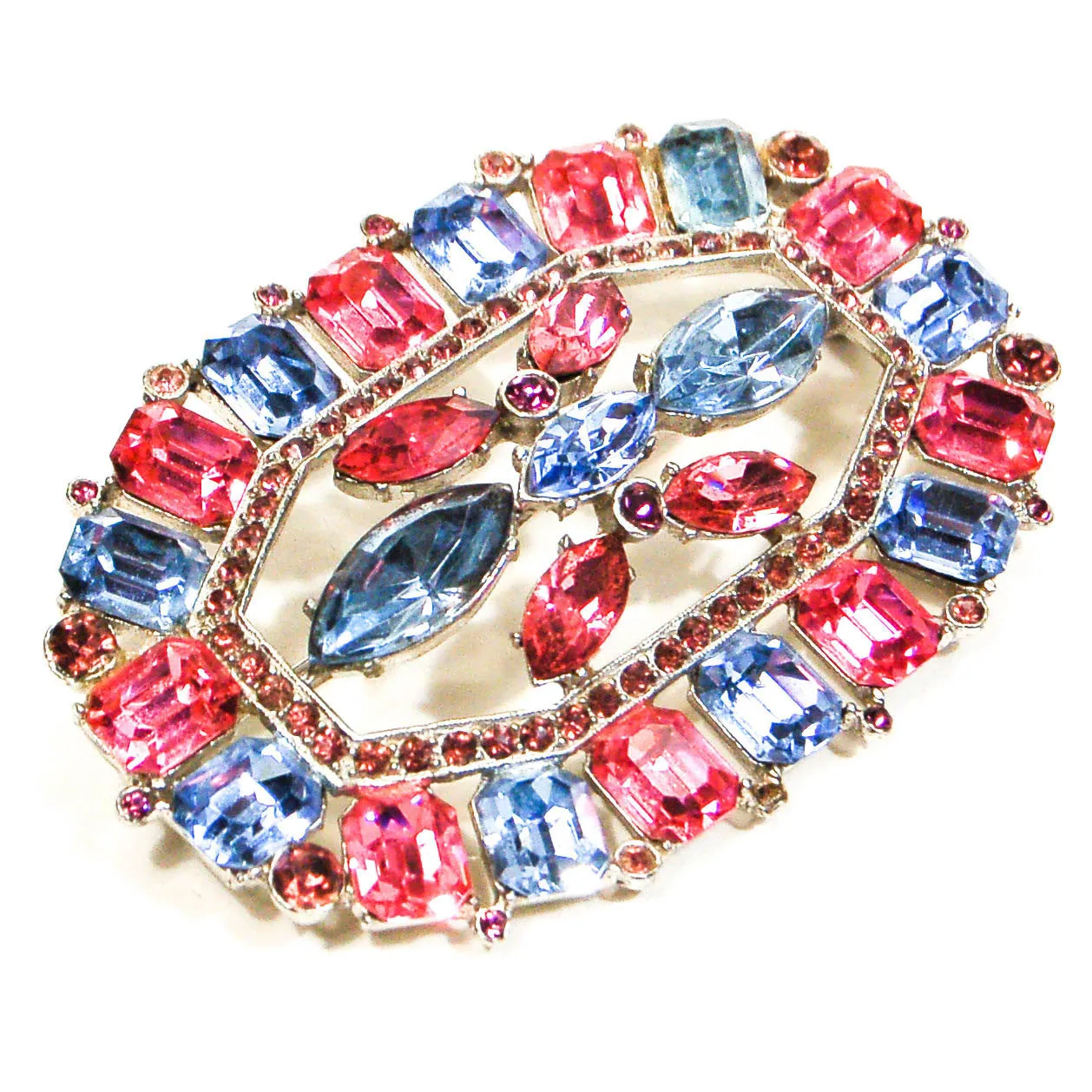 1940's Art Deco Blue and Pink Rhinestone Brooch
