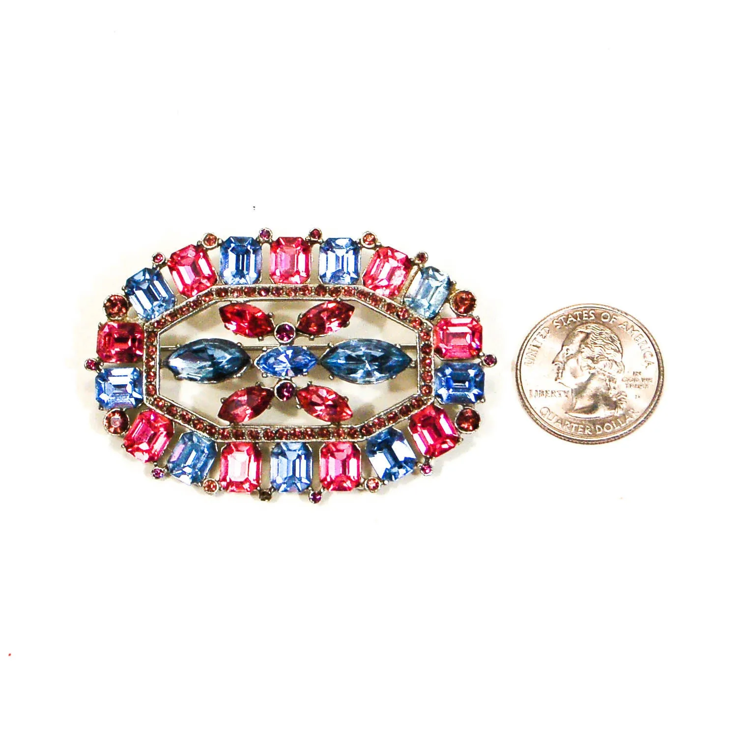 1940's Art Deco Blue and Pink Rhinestone Brooch