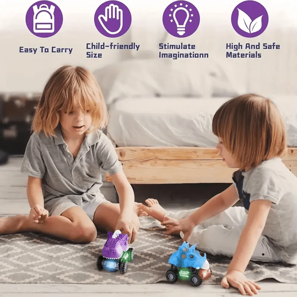 2 Pack Dinosaur Vehicle Set Pull Back Cars with LED Light Sound for Toddlers Boys and Girls