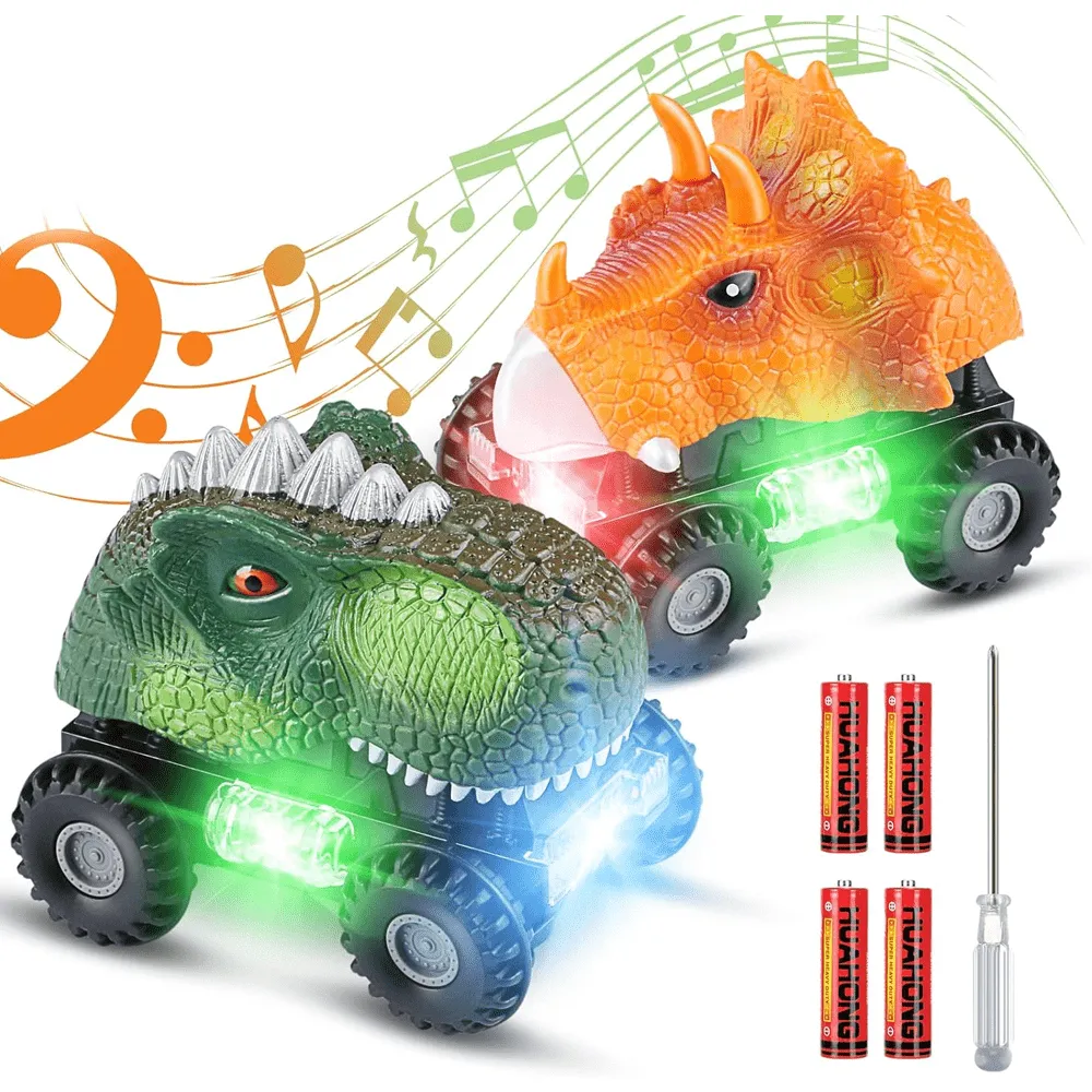 2 Pack Dinosaur Vehicle Set Pull Back Cars with LED Light Sound for Toddlers Boys and Girls