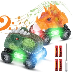 2 Pack Dinosaur Vehicle Set Pull Back Cars with LED Light Sound for Toddlers Boys and Girls
