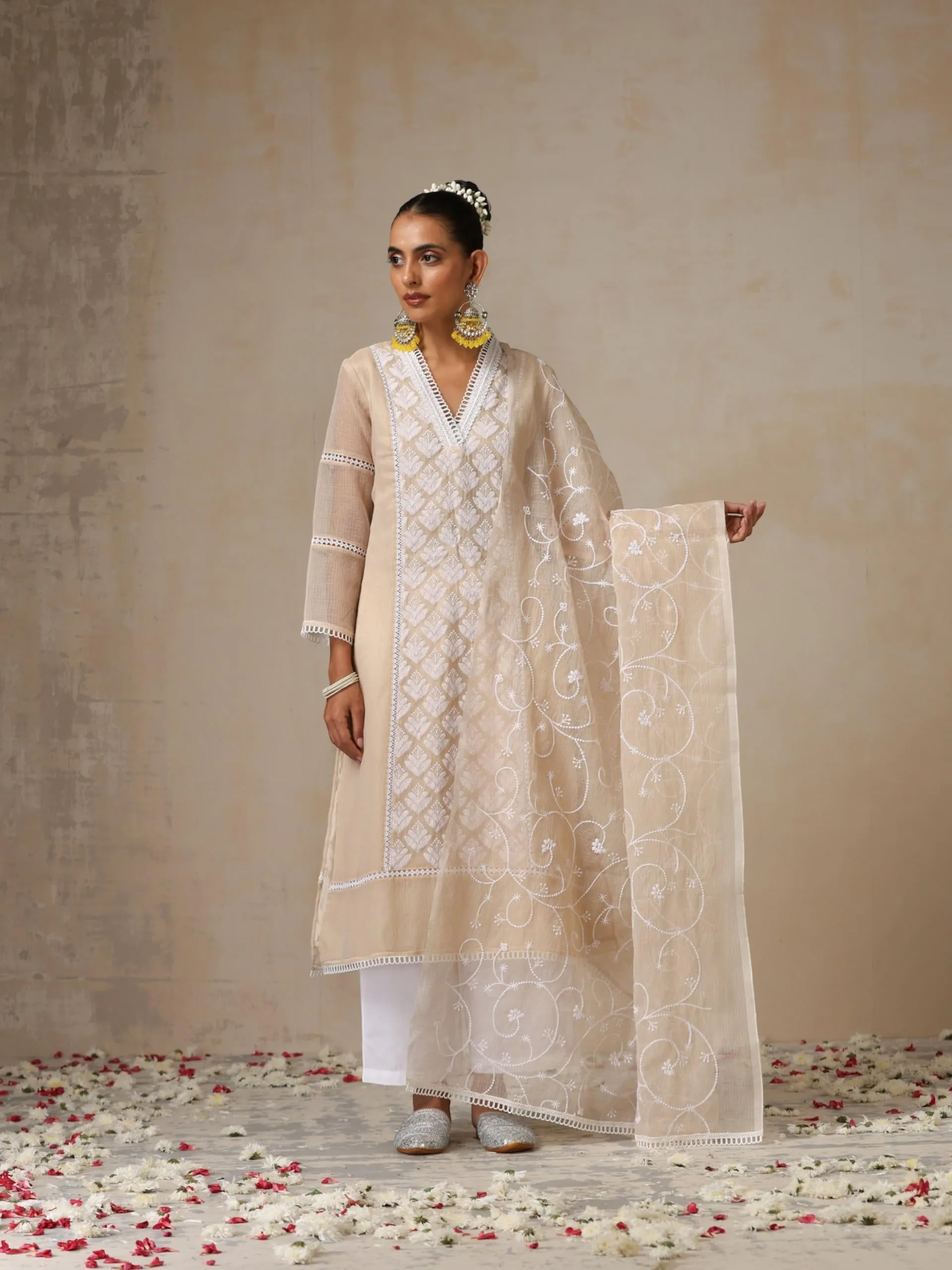 3 pc SET - Fawn Kota Cotton Phulkari Embroidery Top with Embroidered Dupatta and Pyjama