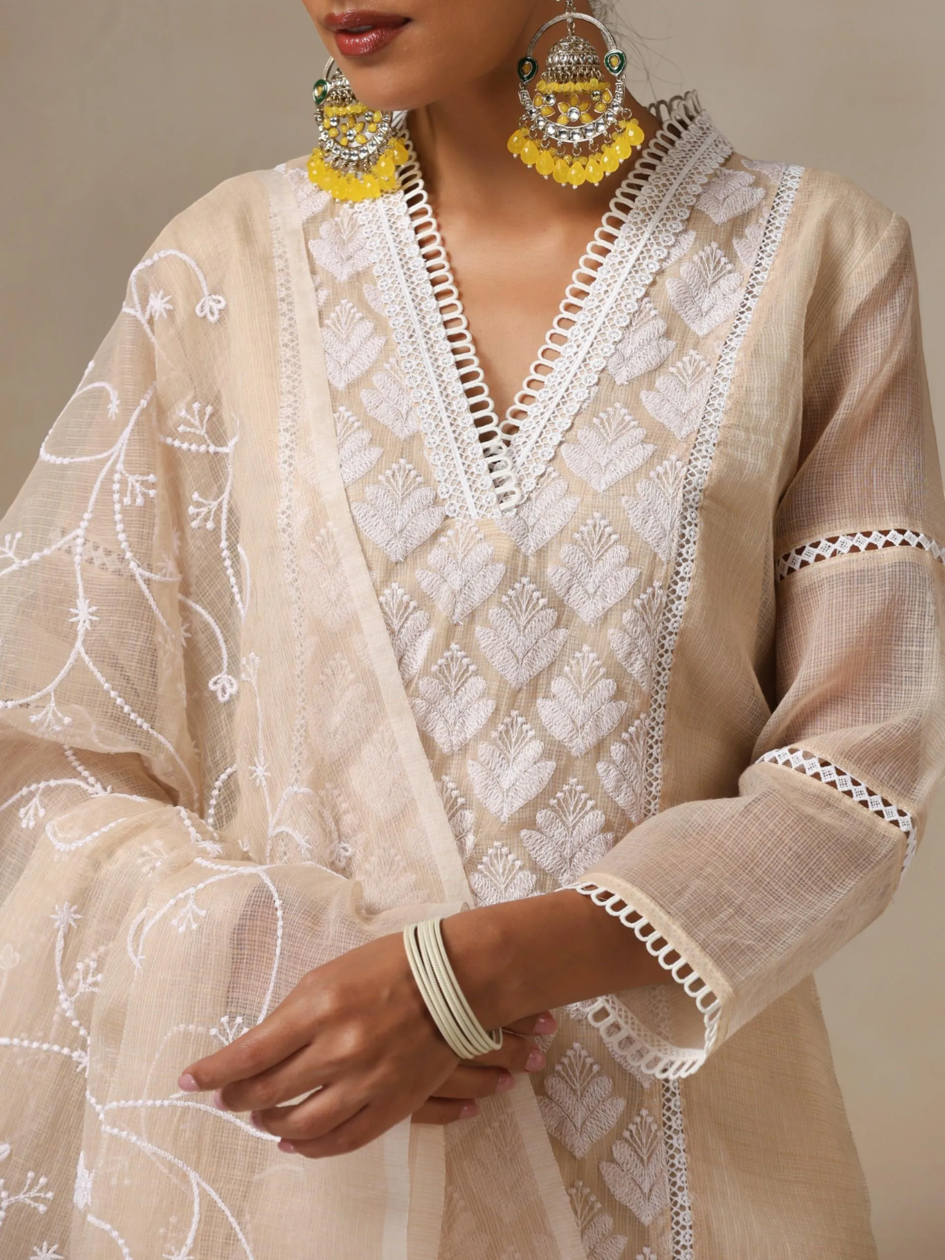 3 pc SET - Fawn Kota Cotton Phulkari Embroidery Top with Embroidered Dupatta and Pyjama