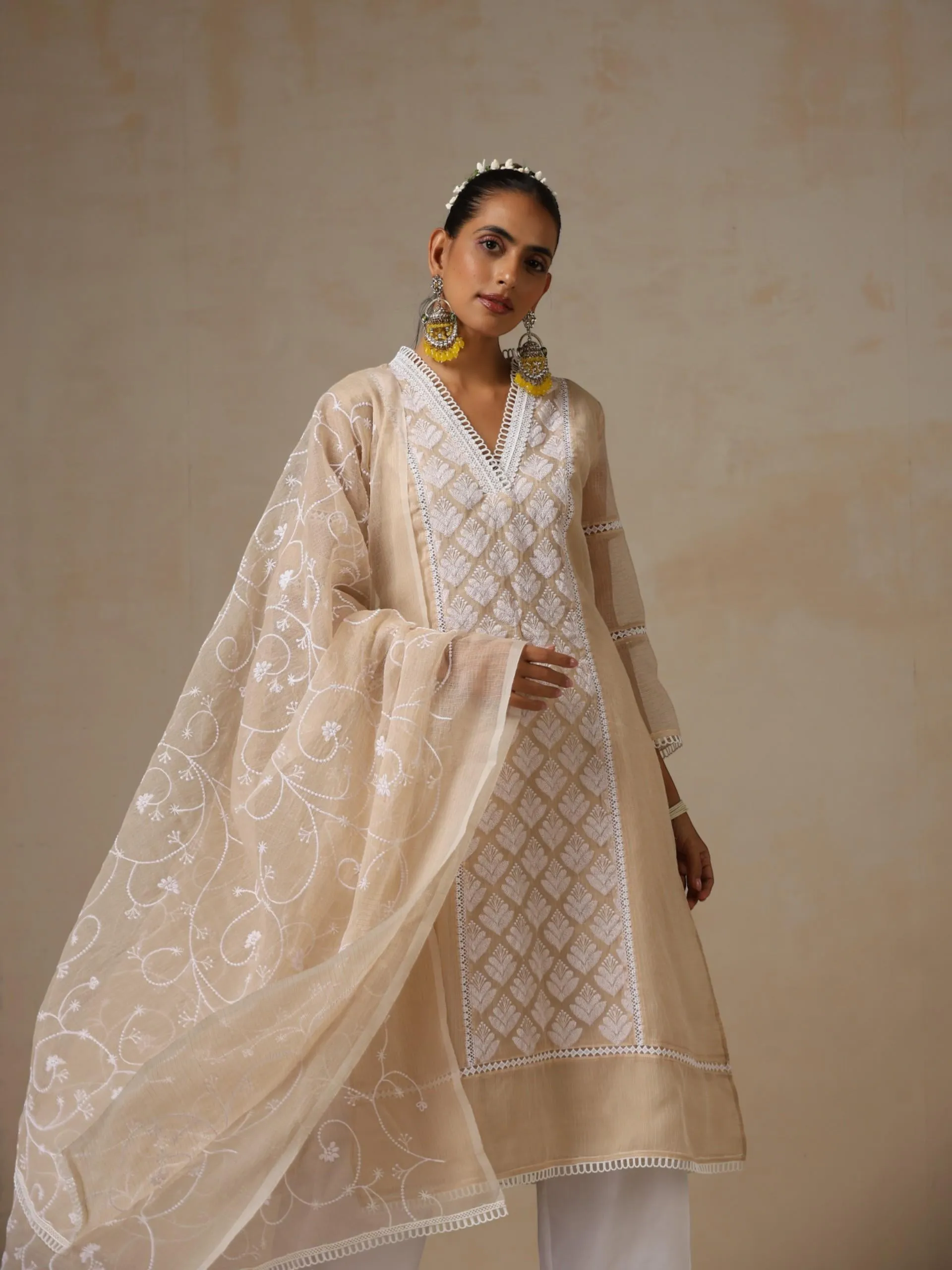 3 pc SET - Fawn Kota Cotton Phulkari Embroidery Top with Embroidered Dupatta and Pyjama