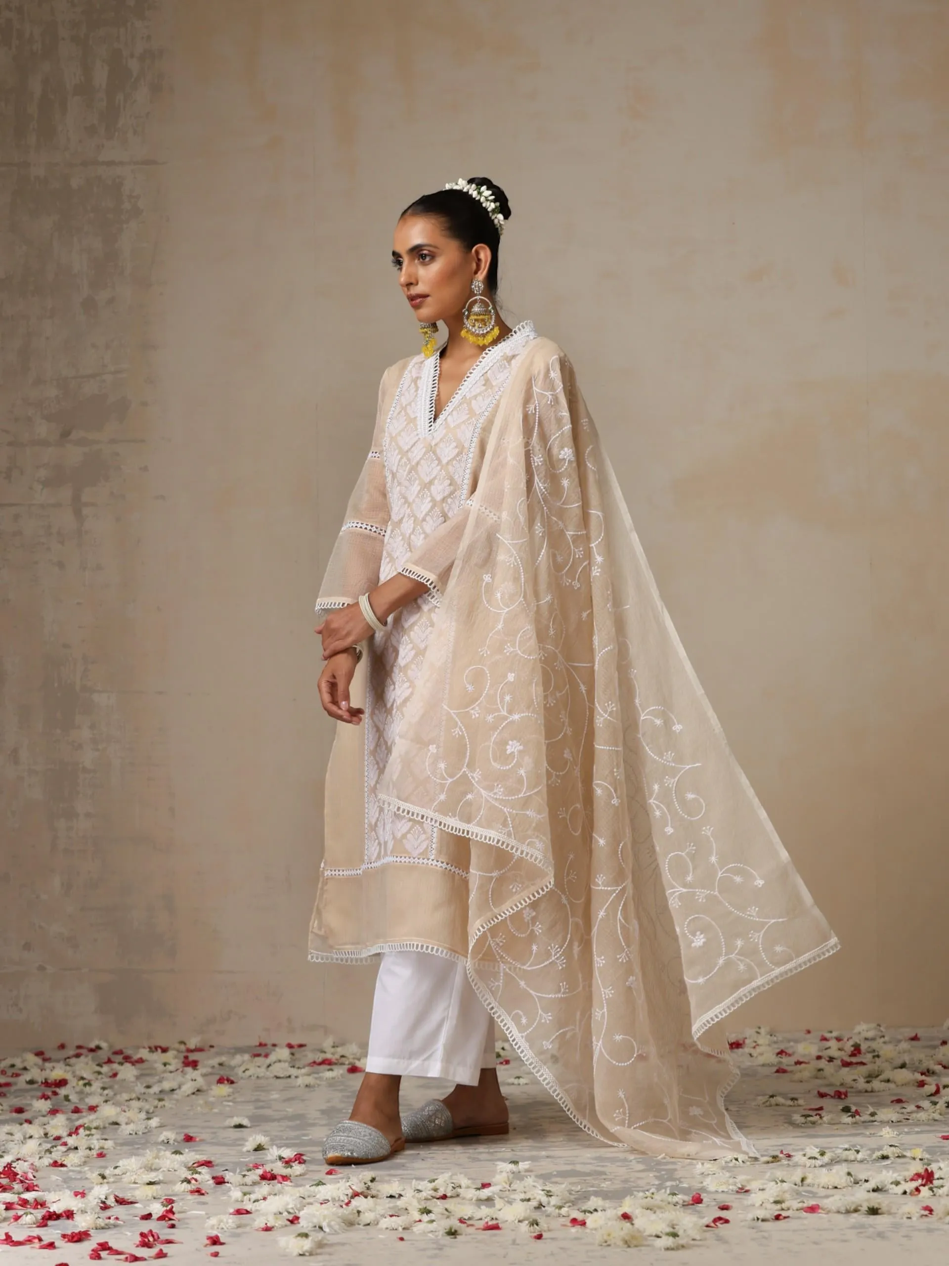 3 pc SET - Fawn Kota Cotton Phulkari Embroidery Top with Embroidered Dupatta and Pyjama