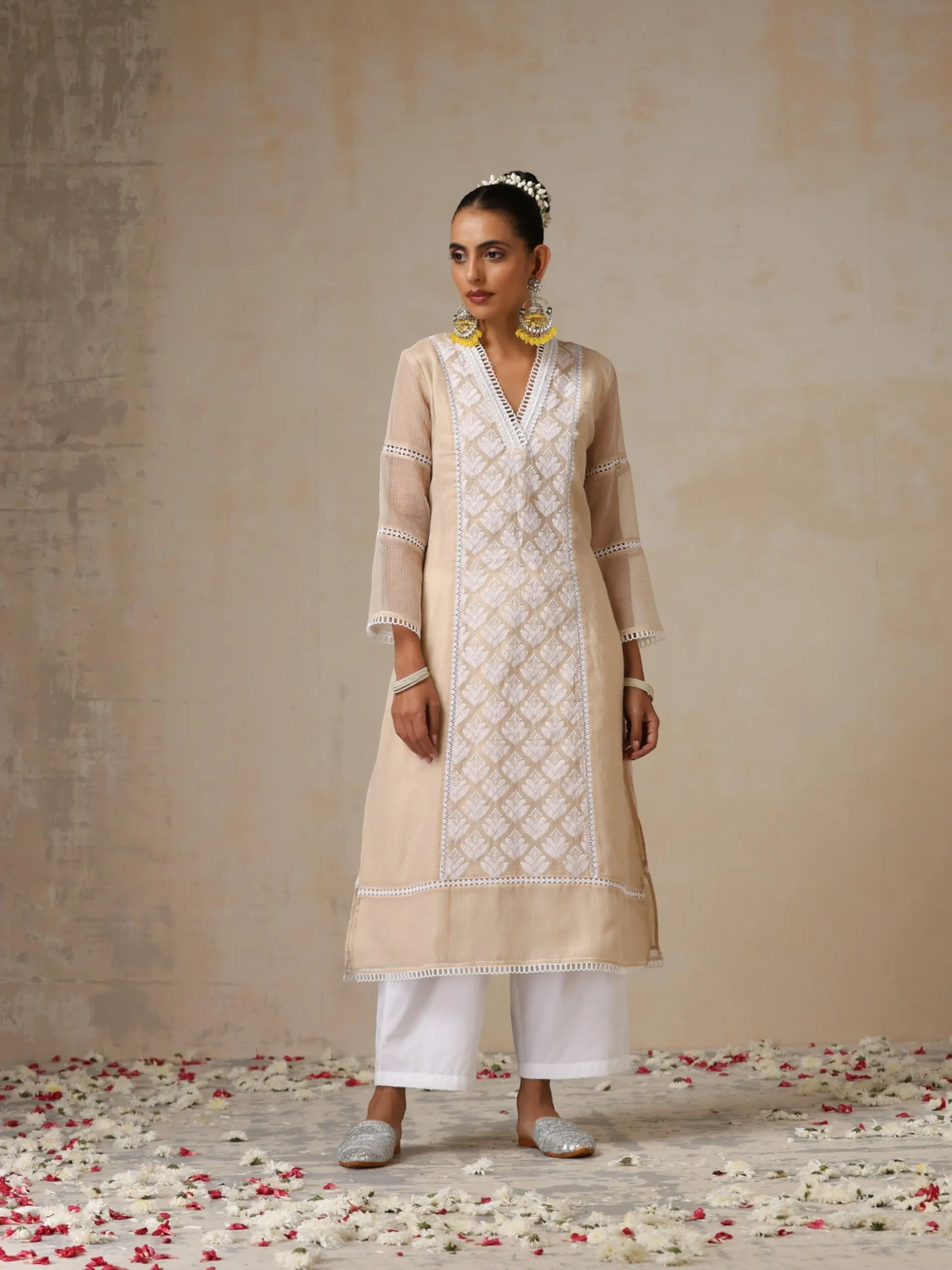3 pc SET - Fawn Kota Cotton Phulkari Embroidery Top with Embroidered Dupatta and Pyjama