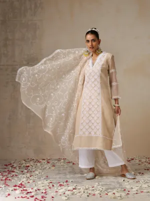 3 pc SET - Fawn Kota Cotton Phulkari Embroidery Top with Embroidered Dupatta and Pyjama