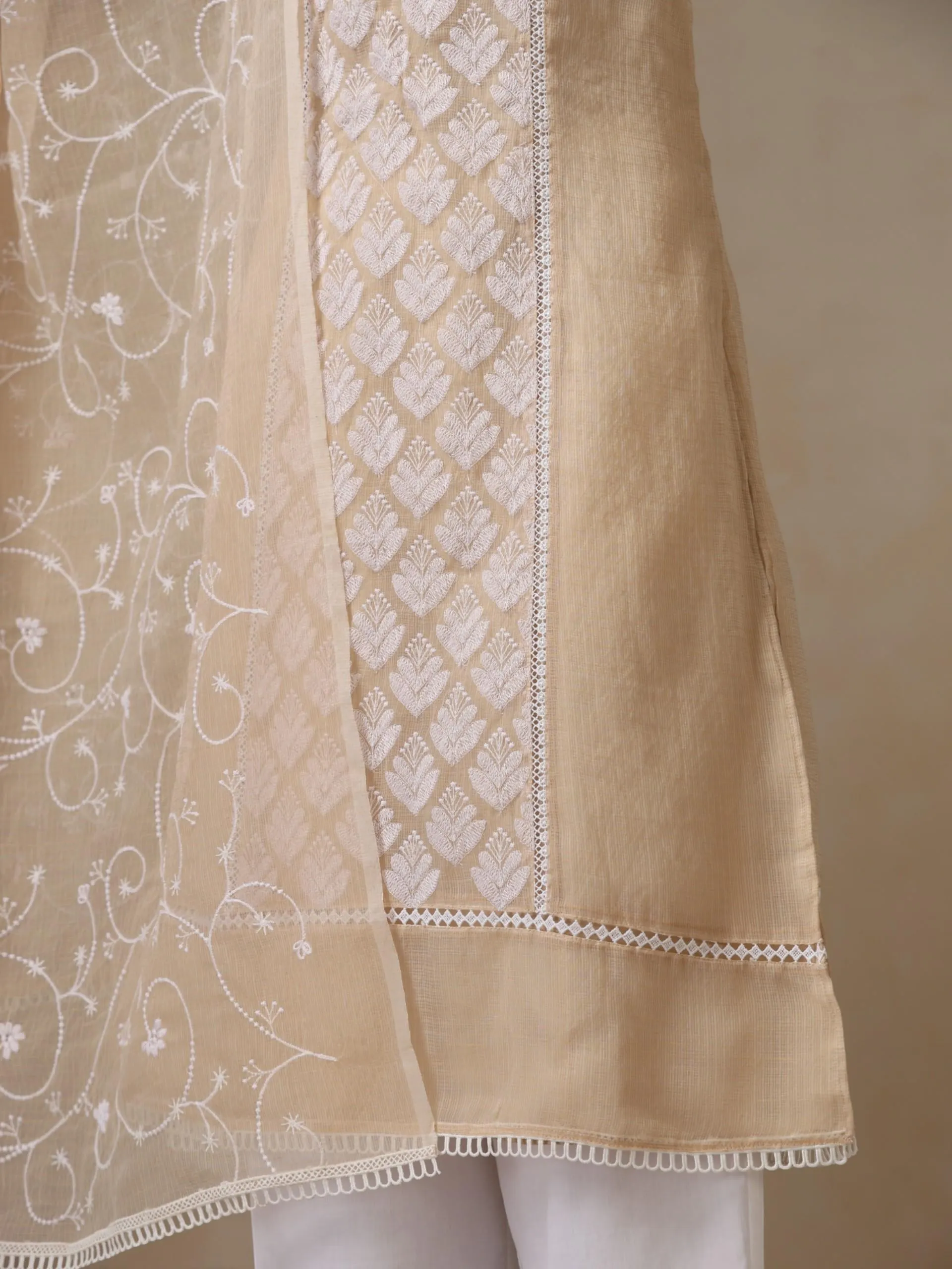 3 pc SET - Fawn Kota Cotton Phulkari Embroidery Top with Embroidered Dupatta and Pyjama
