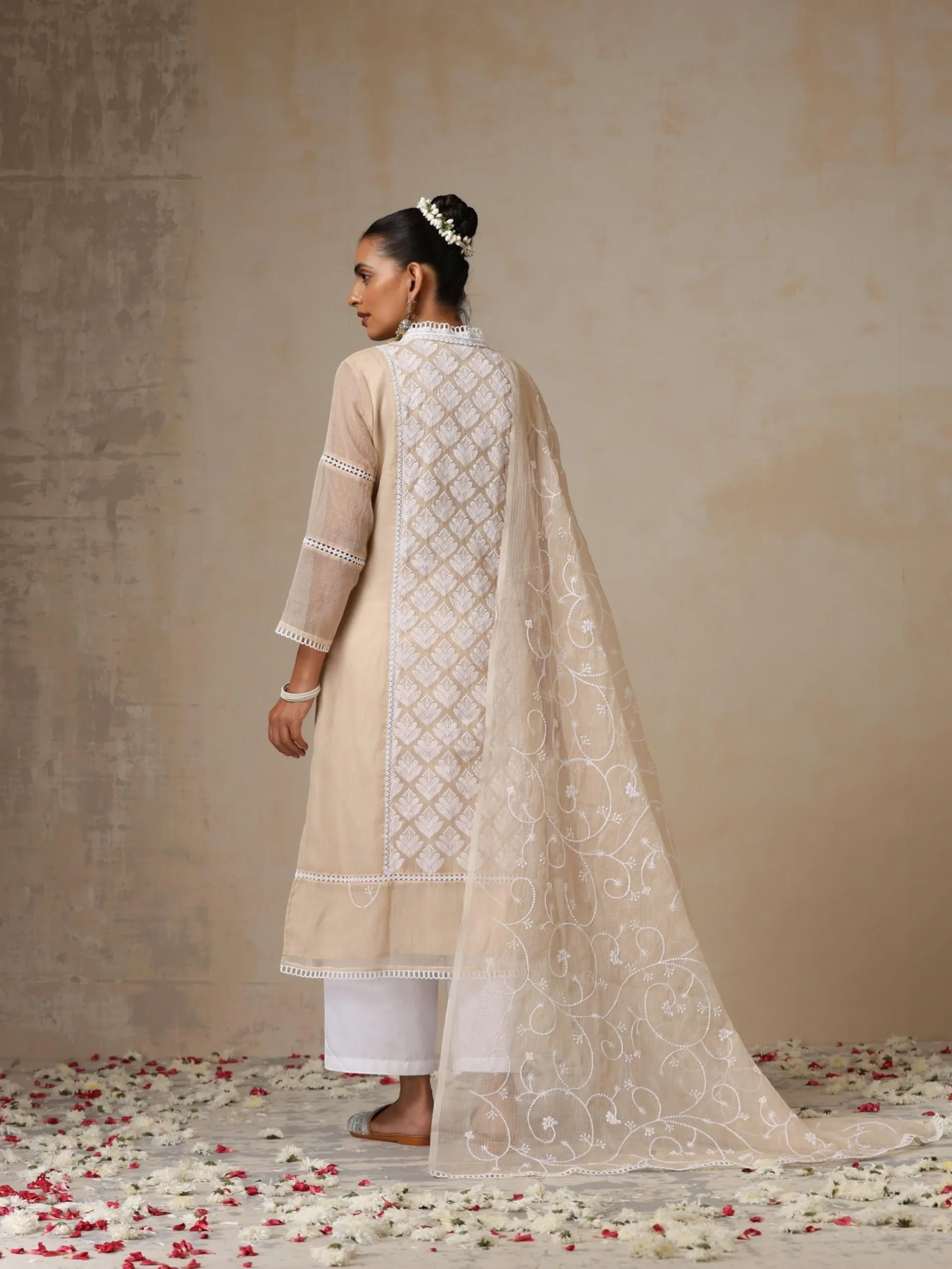 3 pc SET - Fawn Kota Cotton Phulkari Embroidery Top with Embroidered Dupatta and Pyjama