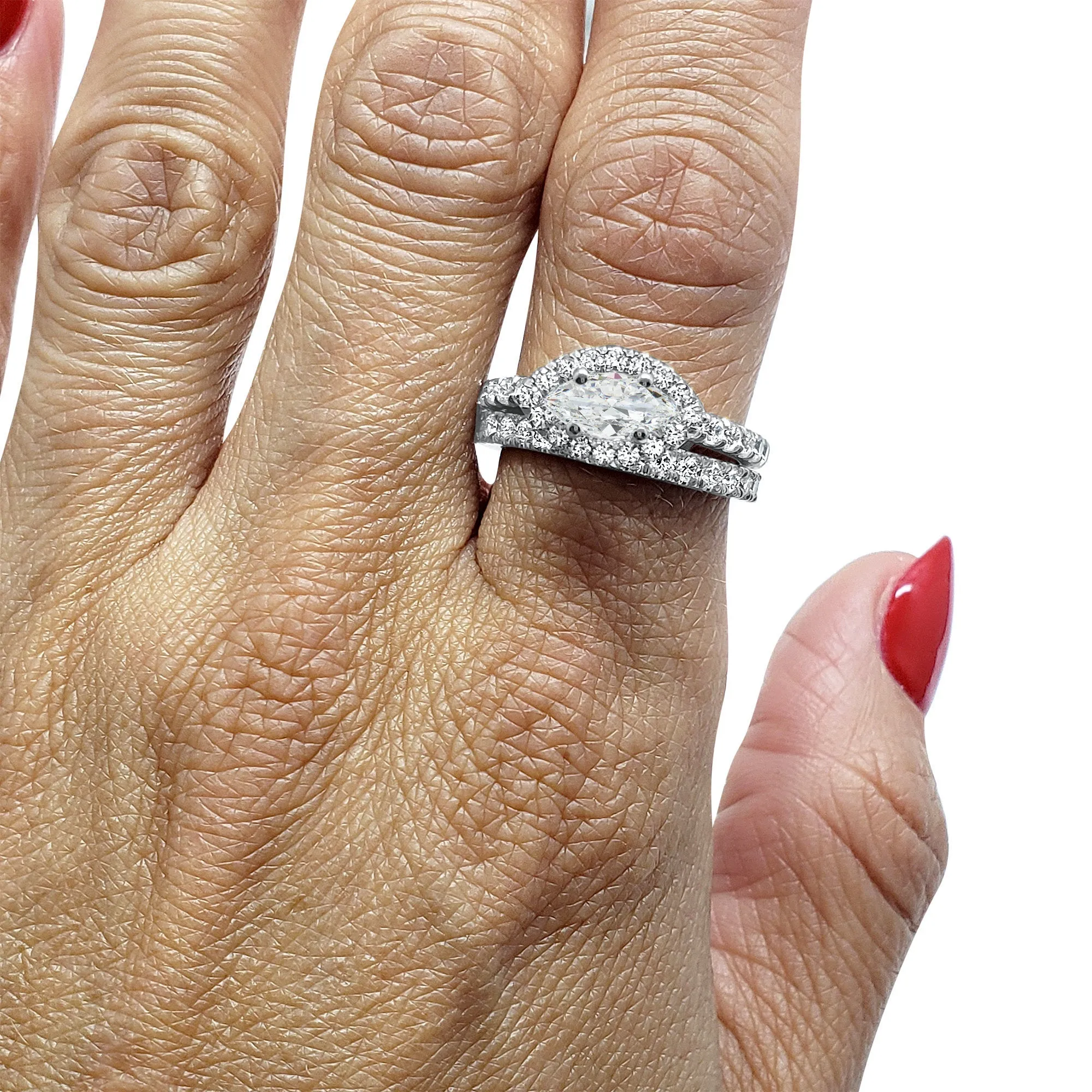 5/8 Carat Art Deco French Set Diamond Wedding Band | 14k White Gold | Matching Halo Ring Band