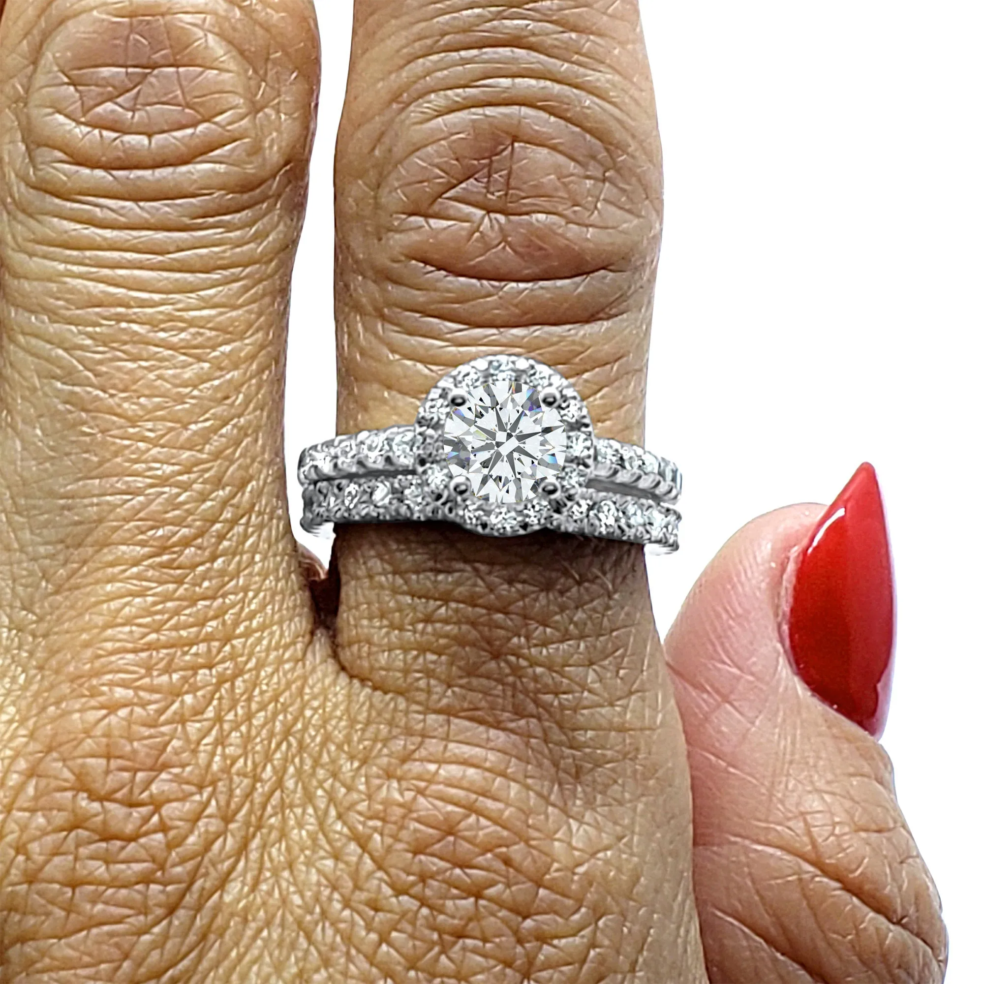 5/8 Carat Art Deco French Set Diamond Wedding Band | 14k White Gold | Matching Halo Ring Band