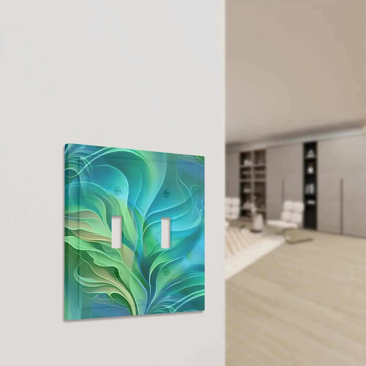 Abstract Art Decorative Switch Plate Cover with Beveled Edges- Blue and Green Water-Themed Artwork