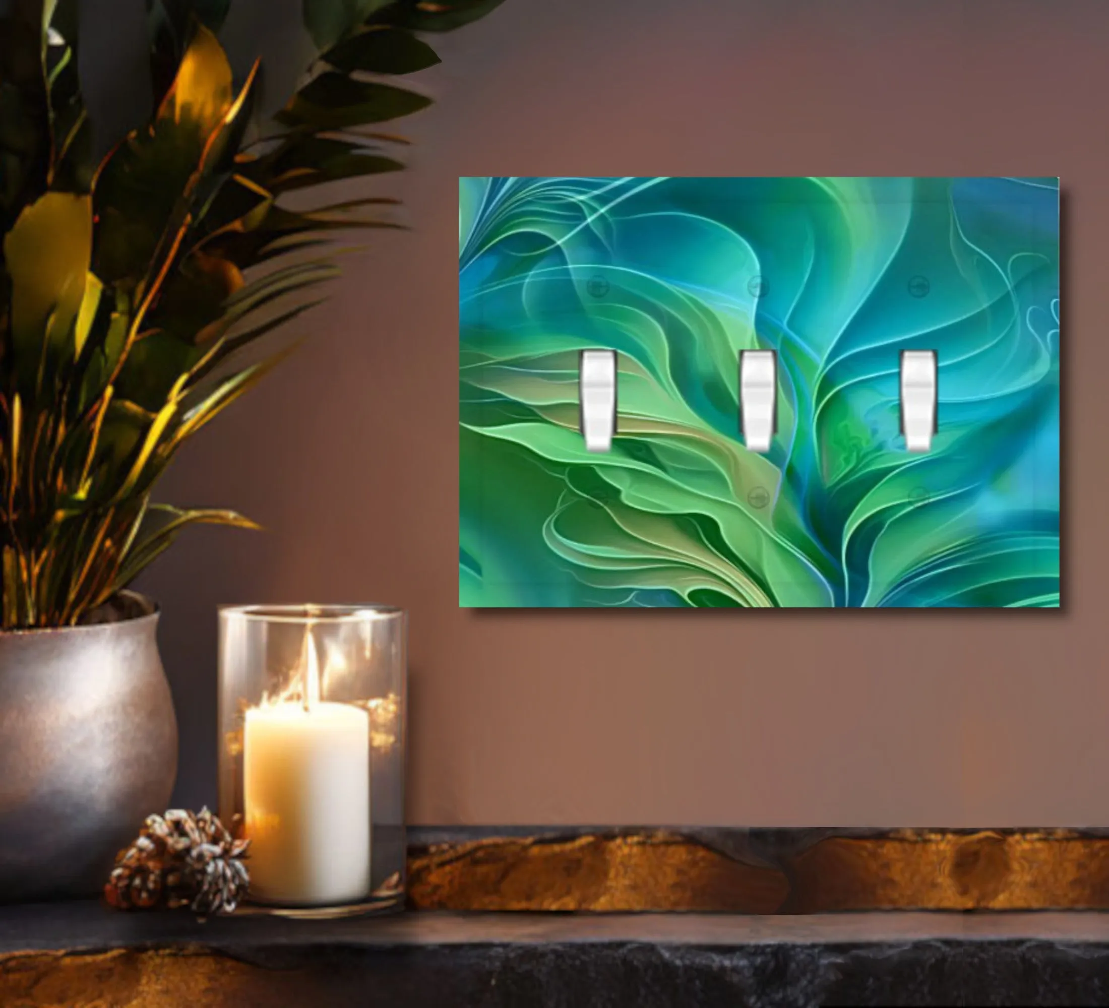 Abstract Art Decorative Switch Plate Cover with Beveled Edges- Blue and Green Water-Themed Artwork