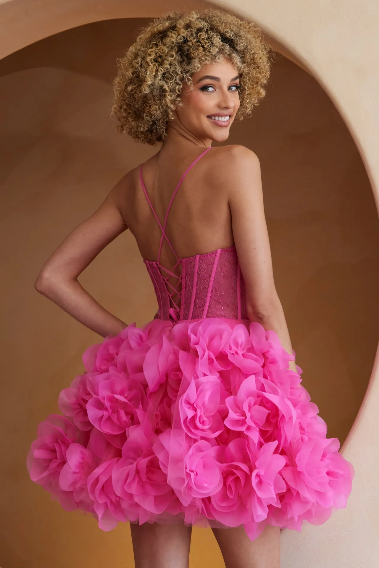 AC SU083S - Short A-Line Homecoming Dress with Sheer Beaded Lace Boned Bodice 3D Floral Skirt & Lace Up Back