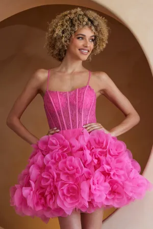 AC SU083S - Short A-Line Homecoming Dress with Sheer Beaded Lace Boned Bodice 3D Floral Skirt & Lace Up Back