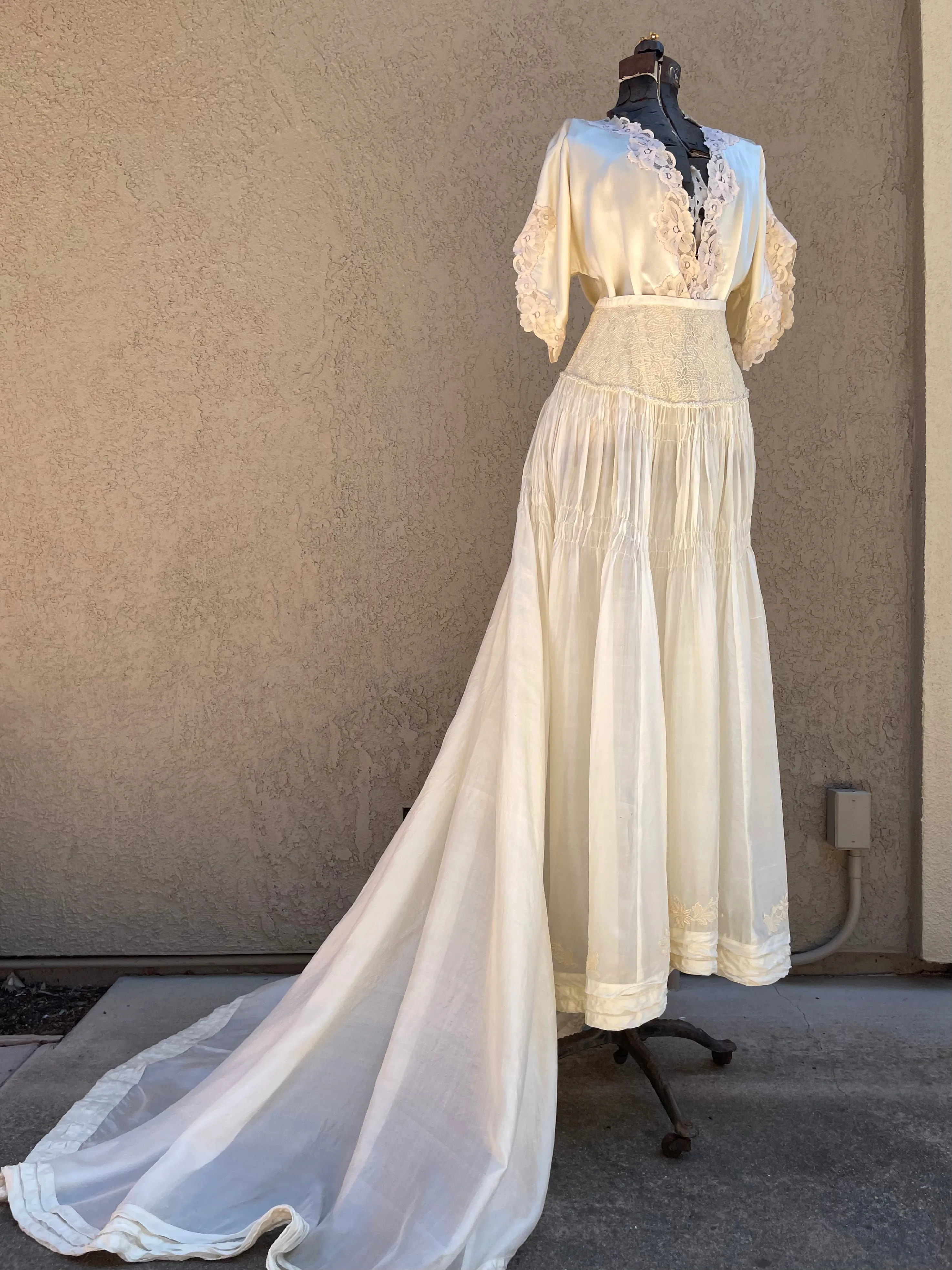 Antique 1900s Trained Embroidered Silk Bridal Skirt