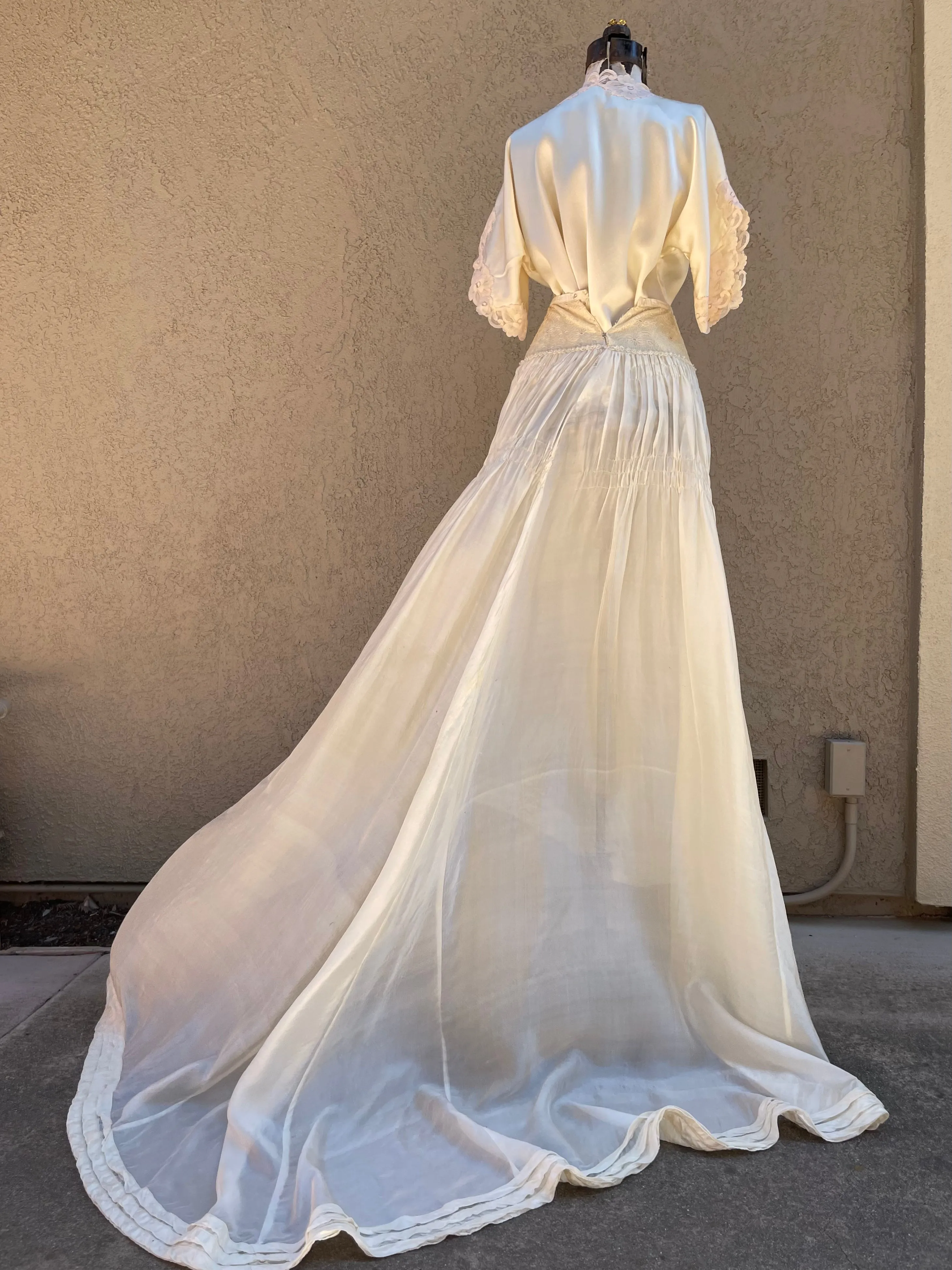Antique 1900s Trained Embroidered Silk Bridal Skirt