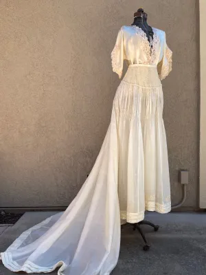 Antique 1900s Trained Embroidered Silk Bridal Skirt