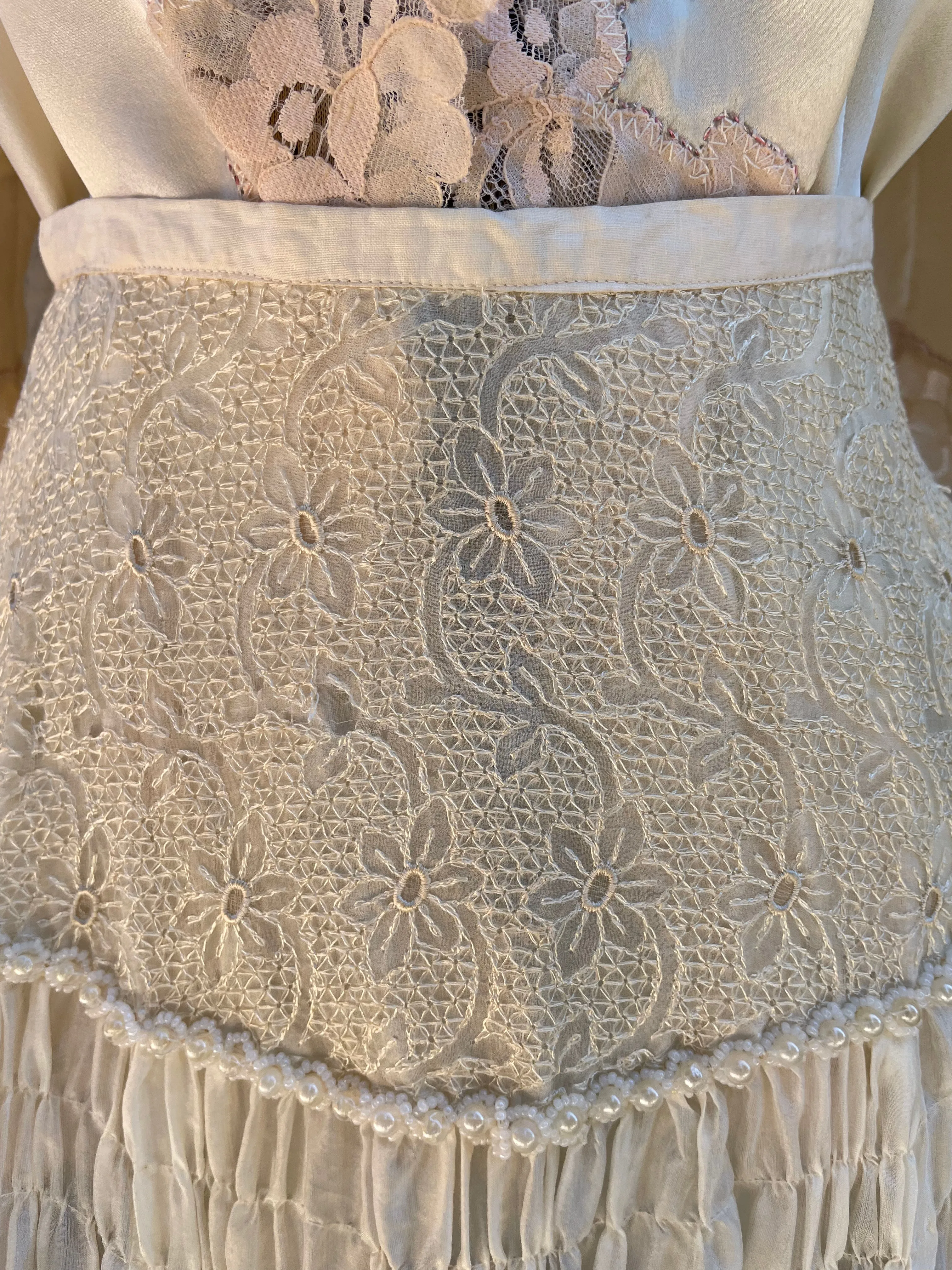 Antique 1900s Trained Embroidered Silk Bridal Skirt