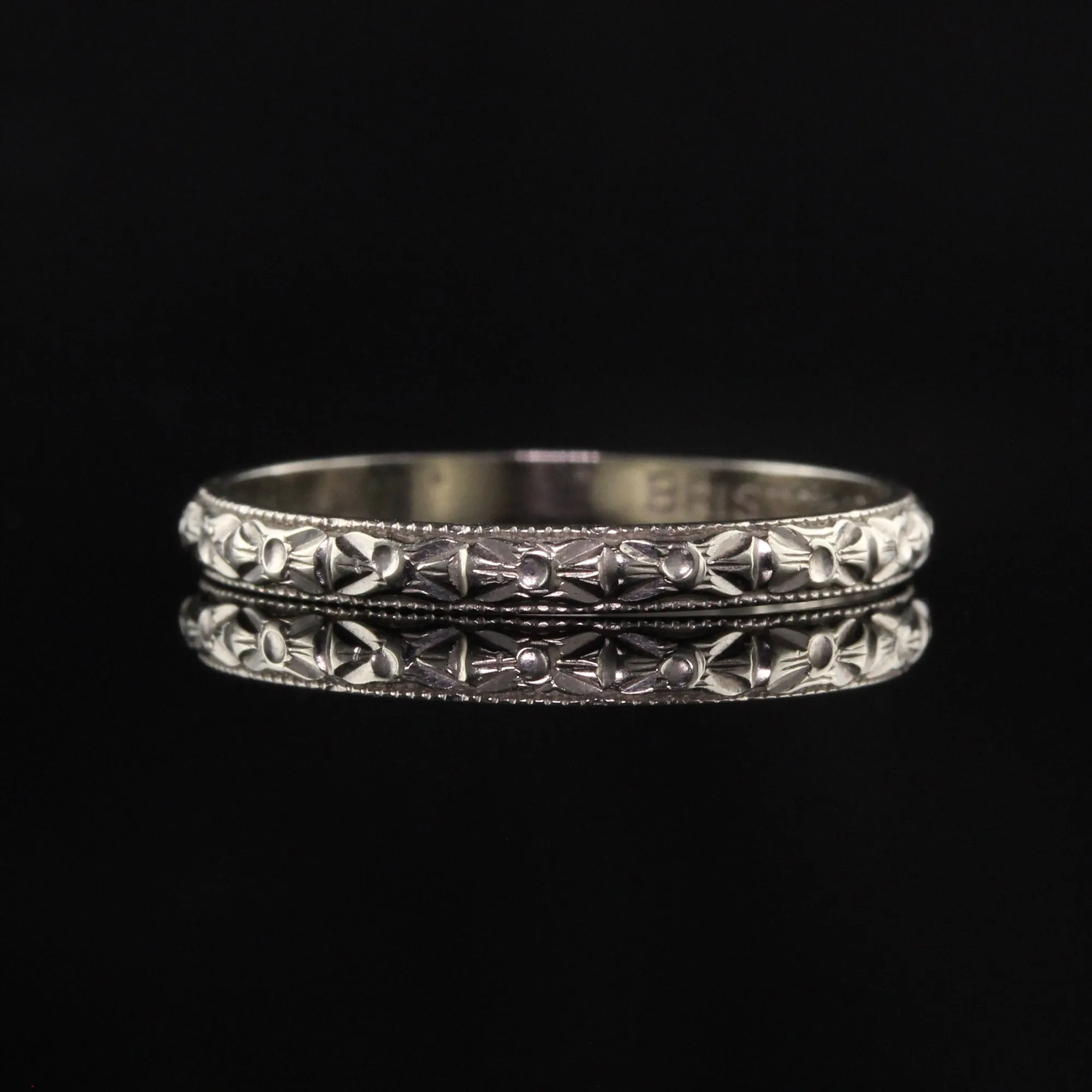 Antique Art Deco 18K White Gold Bristol Engraved Wedding Band - Size 4 1/2