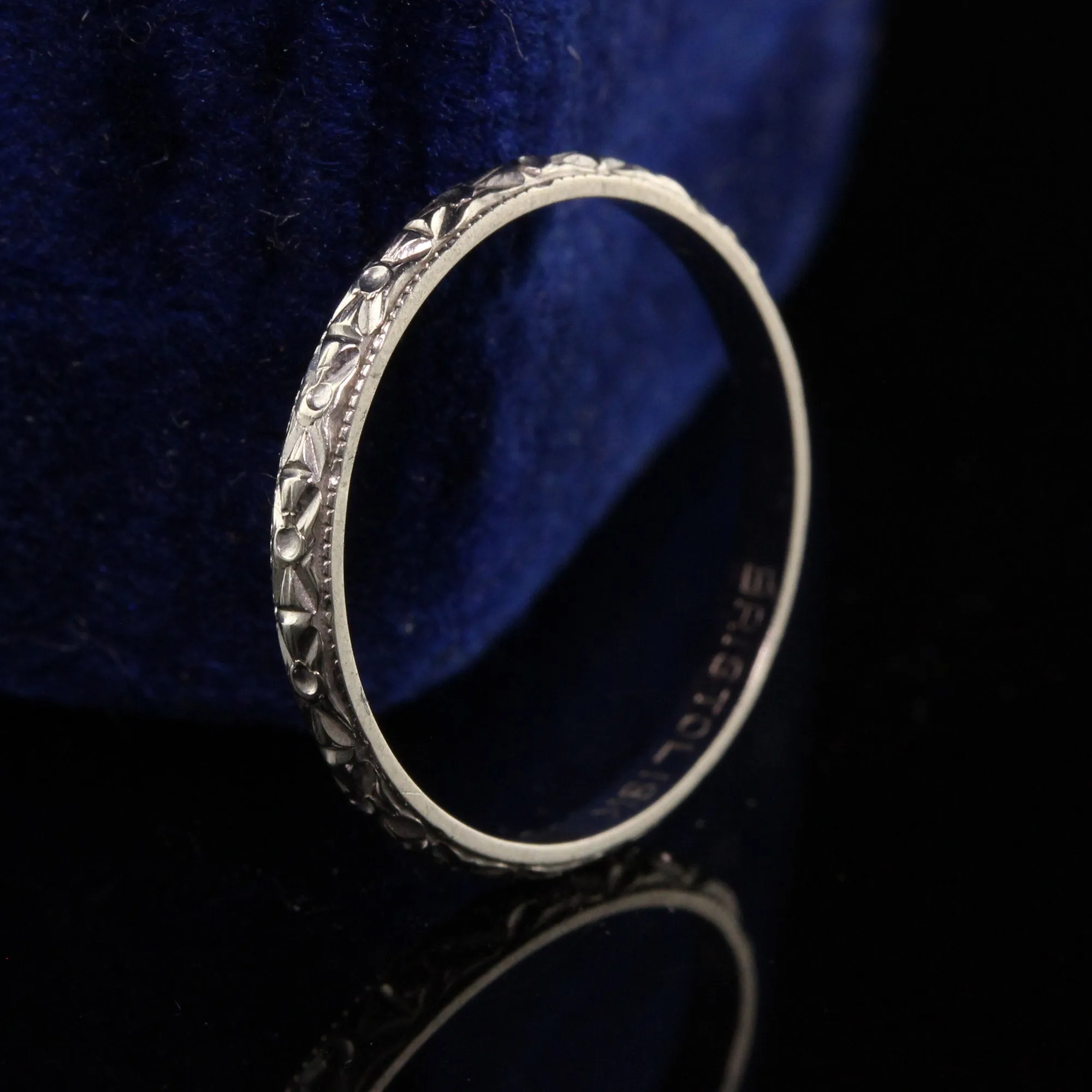 Antique Art Deco 18K White Gold Bristol Engraved Wedding Band - Size 4 1/2