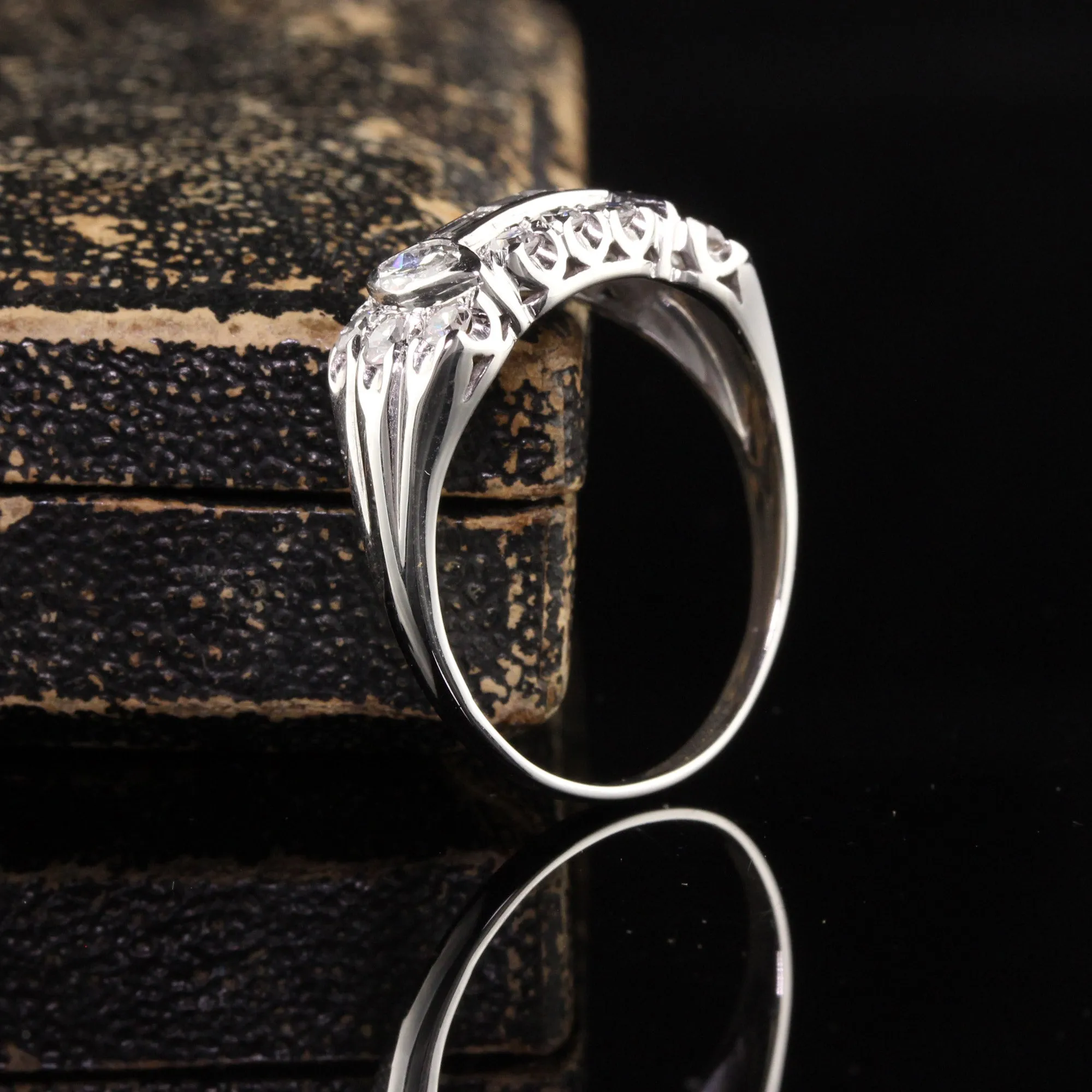 Antique Art Deco 18K White Gold Marquise and Baguette Diamond Wedding Band