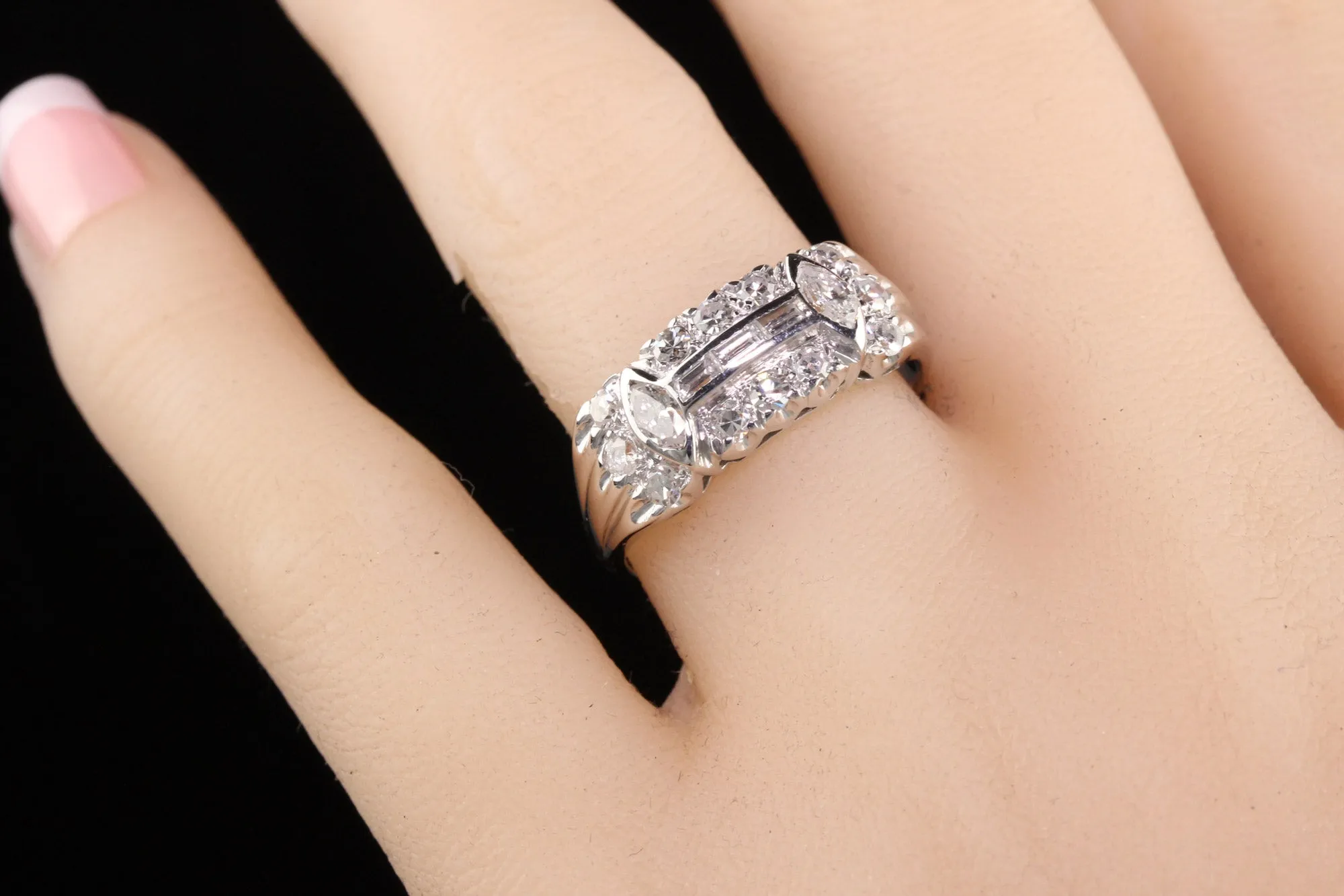 Antique Art Deco 18K White Gold Marquise and Baguette Diamond Wedding Band