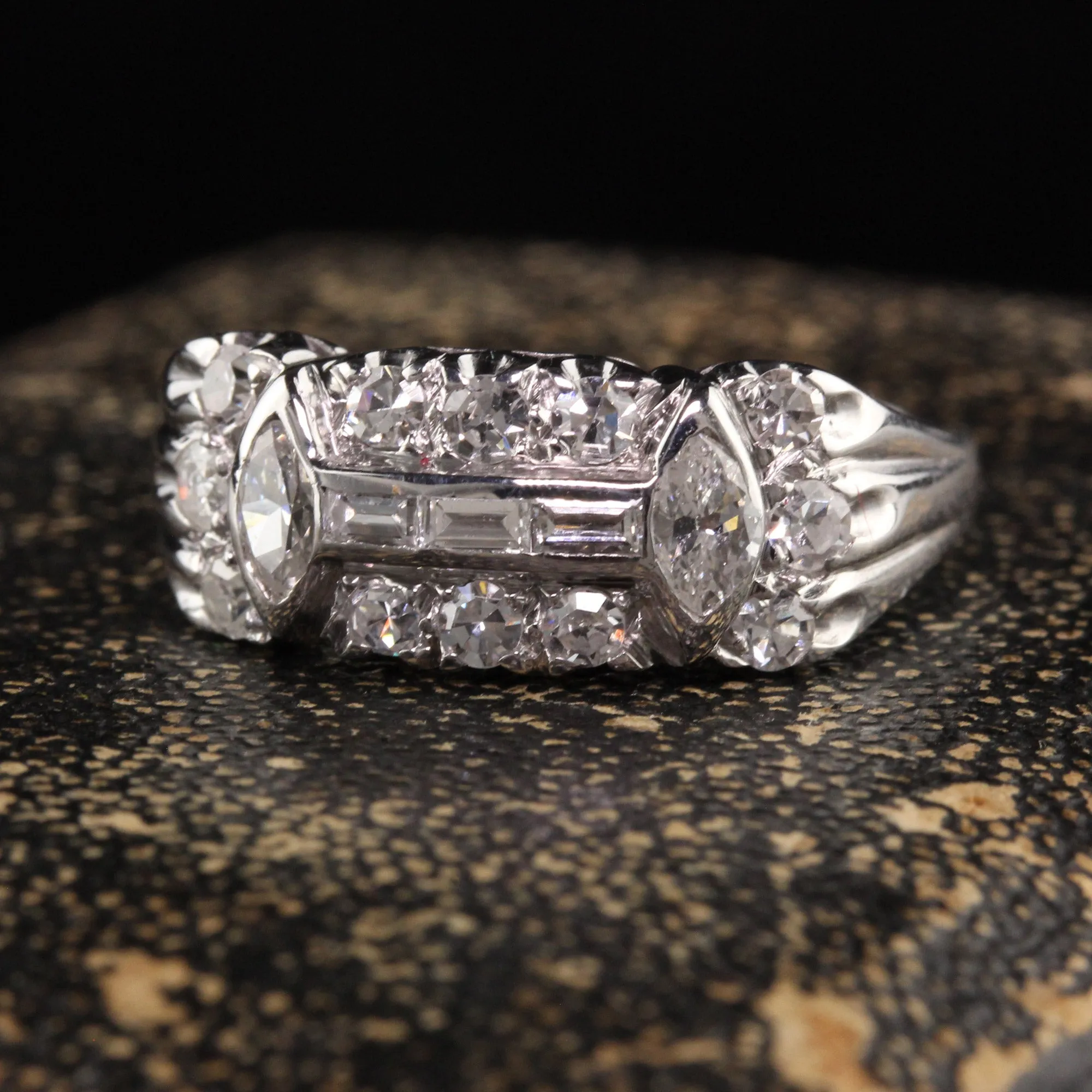 Antique Art Deco 18K White Gold Marquise and Baguette Diamond Wedding Band