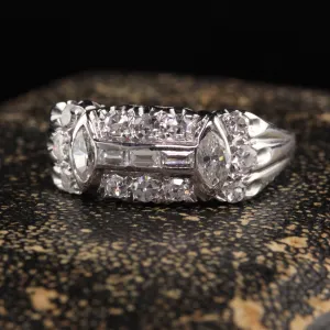 Antique Art Deco 18K White Gold Marquise and Baguette Diamond Wedding Band