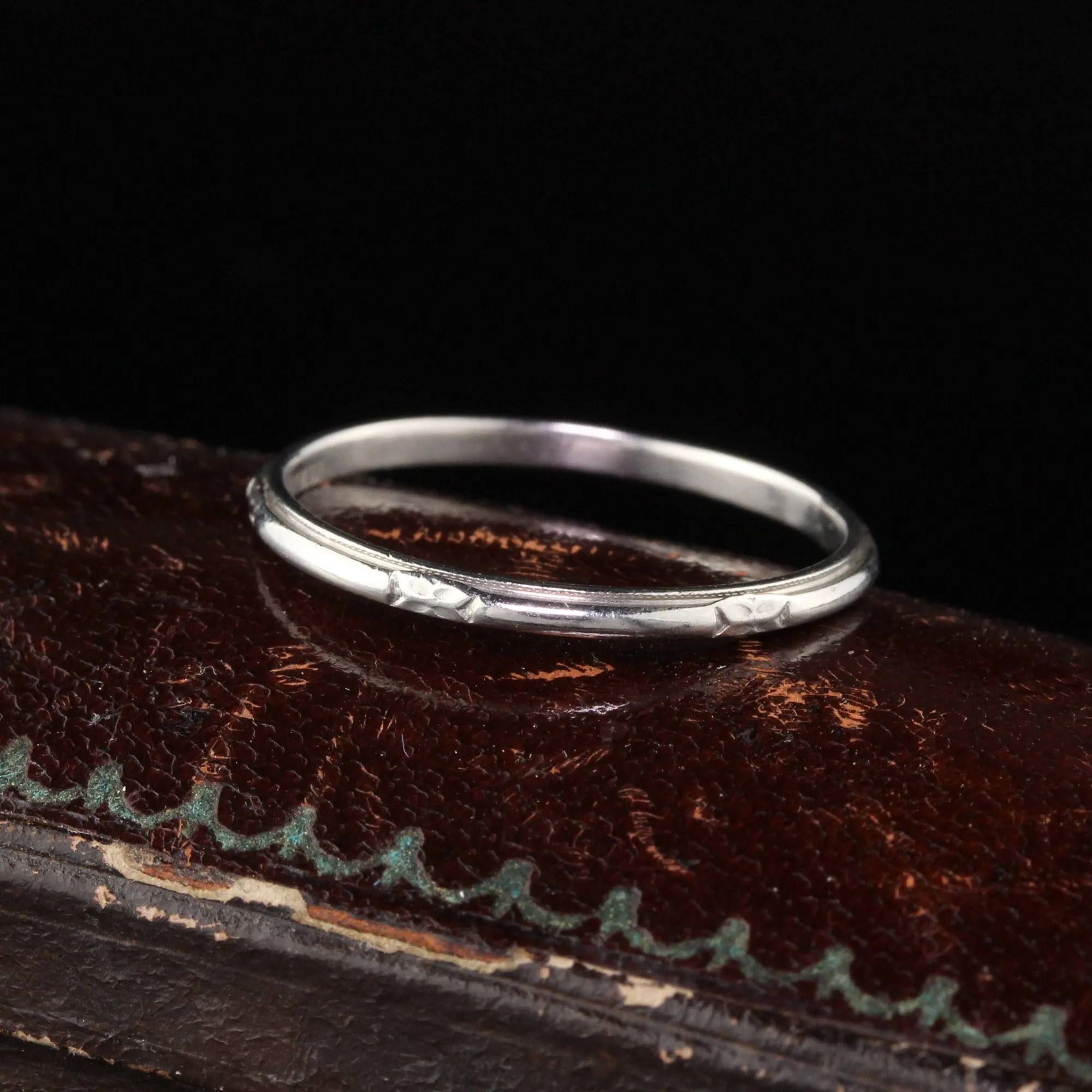 Antique Art Deco Art Carved Platinum Engraved Wedding Band - Size 9