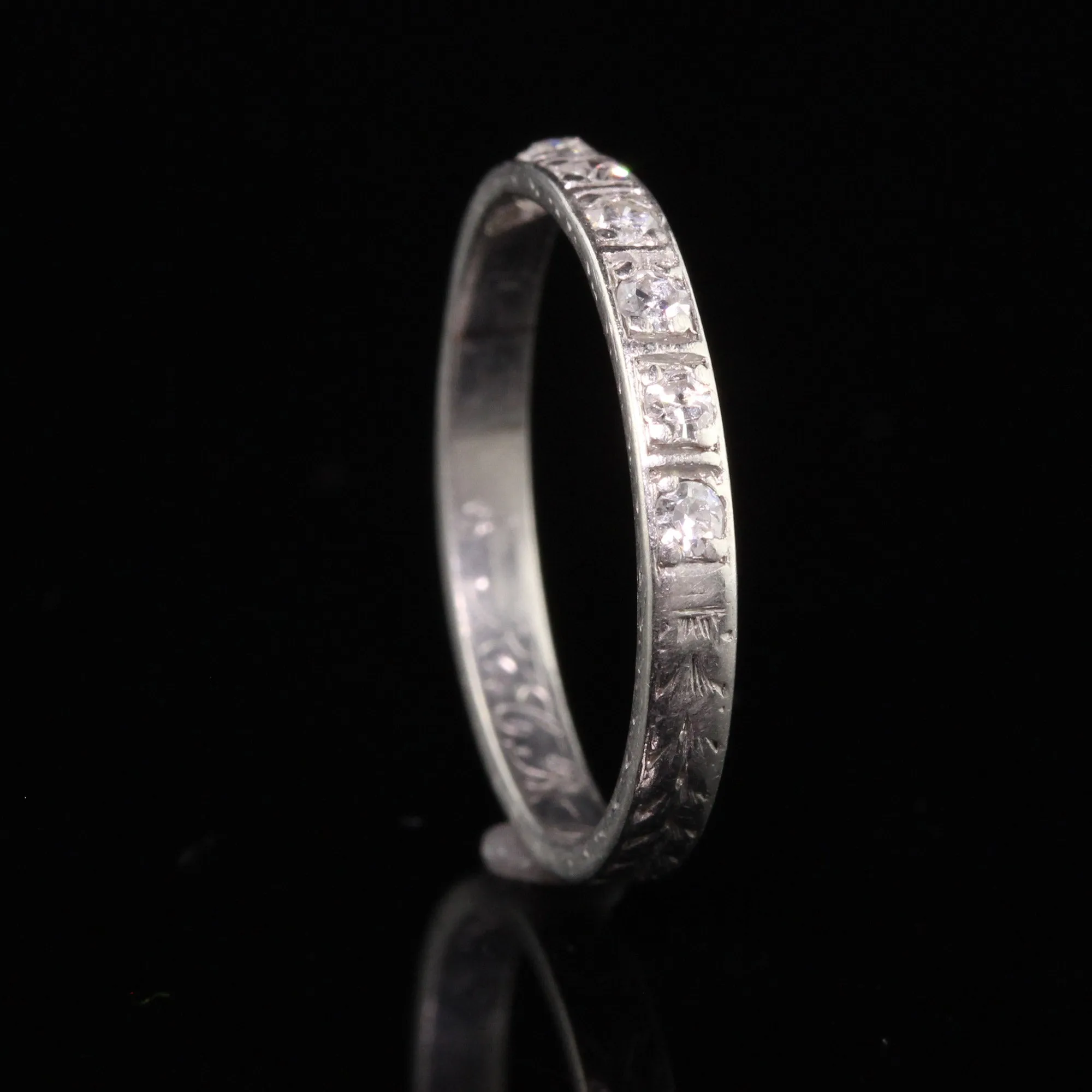 Antique Art Deco Platinum Single Cut Diamond Engraved Wedding Band