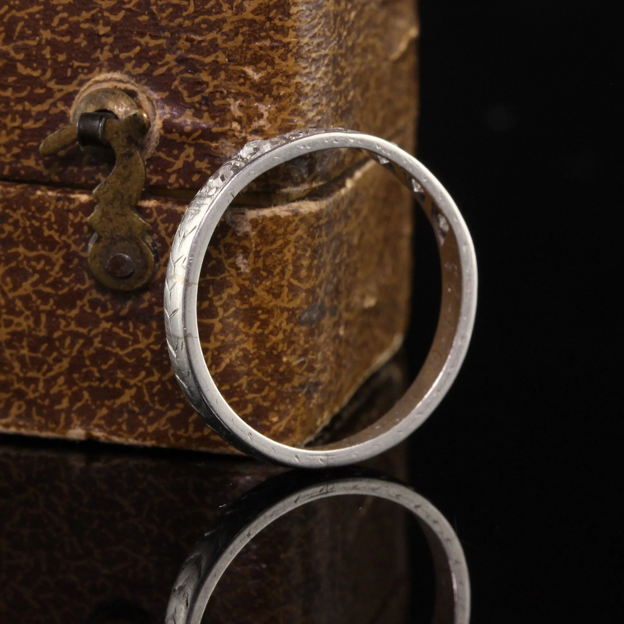 Antique Art Deco Platinum Single Cut Diamond Engraved Wedding Band