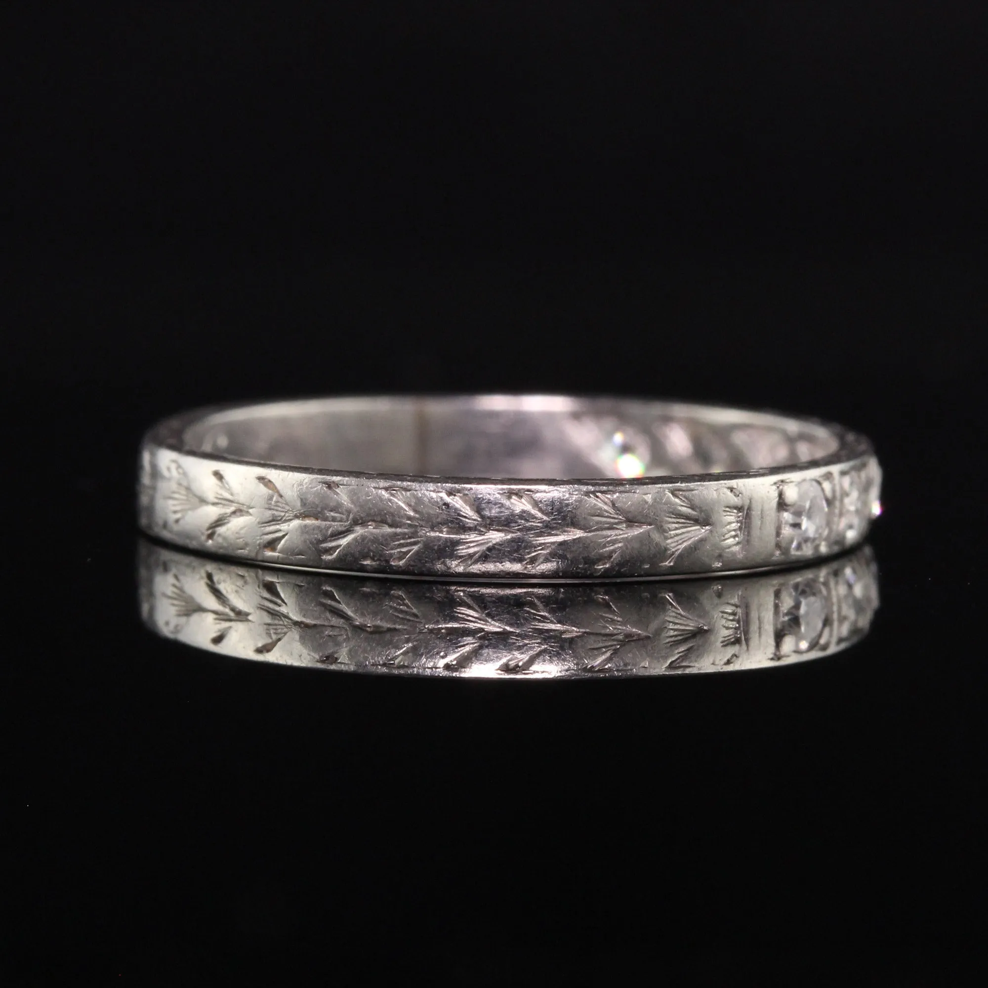 Antique Art Deco Platinum Single Cut Diamond Engraved Wedding Band